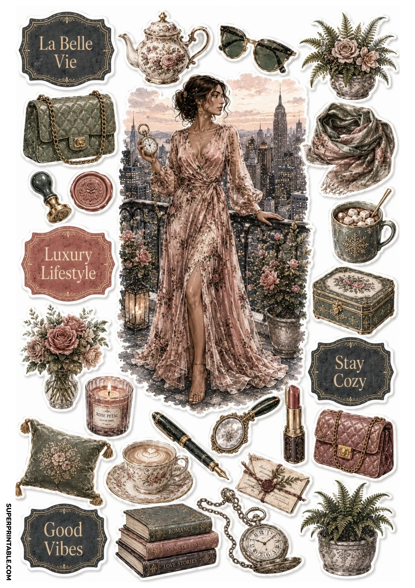 Printable sticker collage of a woman in a floral dress on a balcony with a city skyline background, alongside leather books, teacups, and vintage pocket watches.