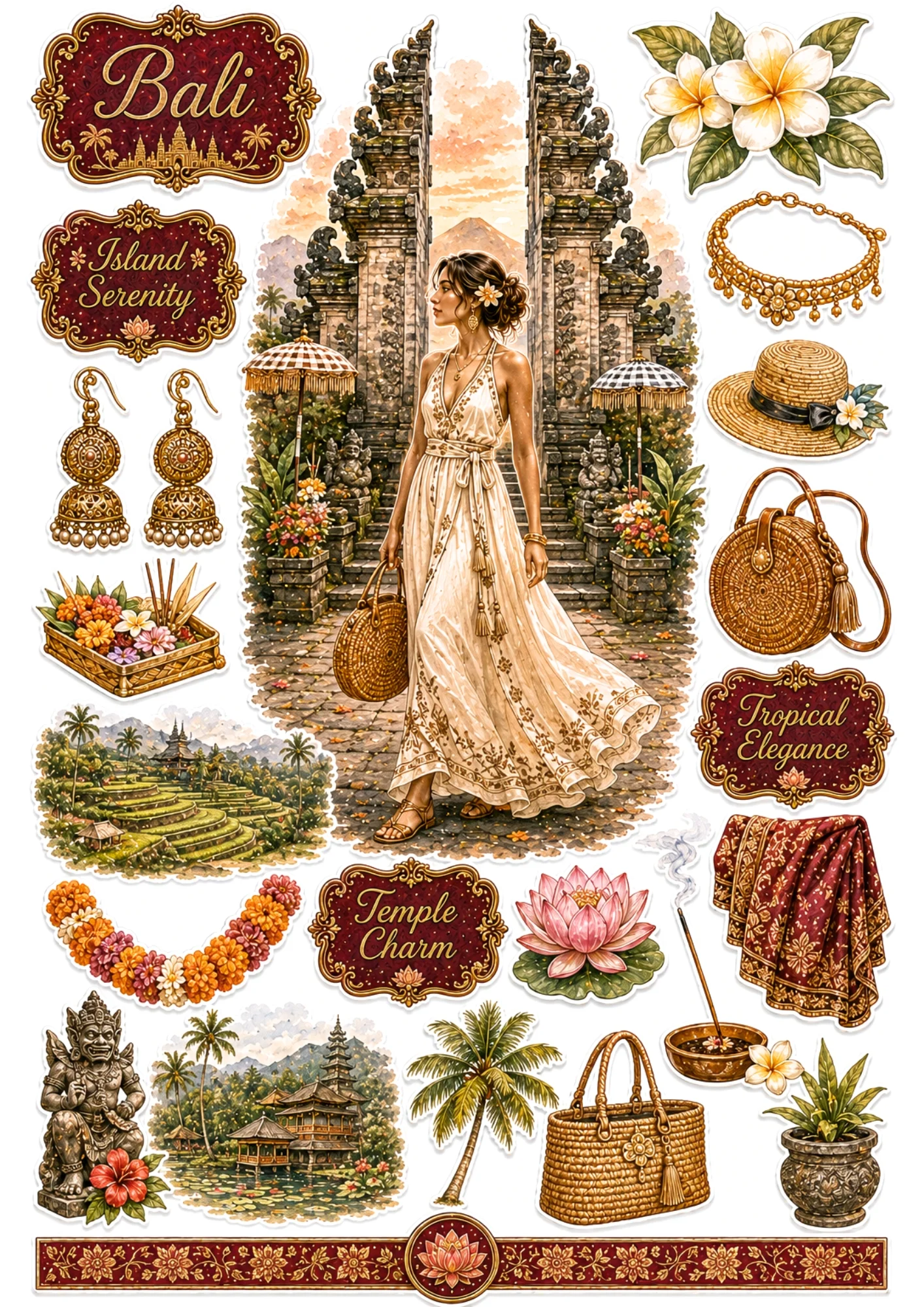 Bali sticker sheet depicting a woman in a maxi dress at Lempuyang temple gate, rattan bag, frangipani, and rice terraces.