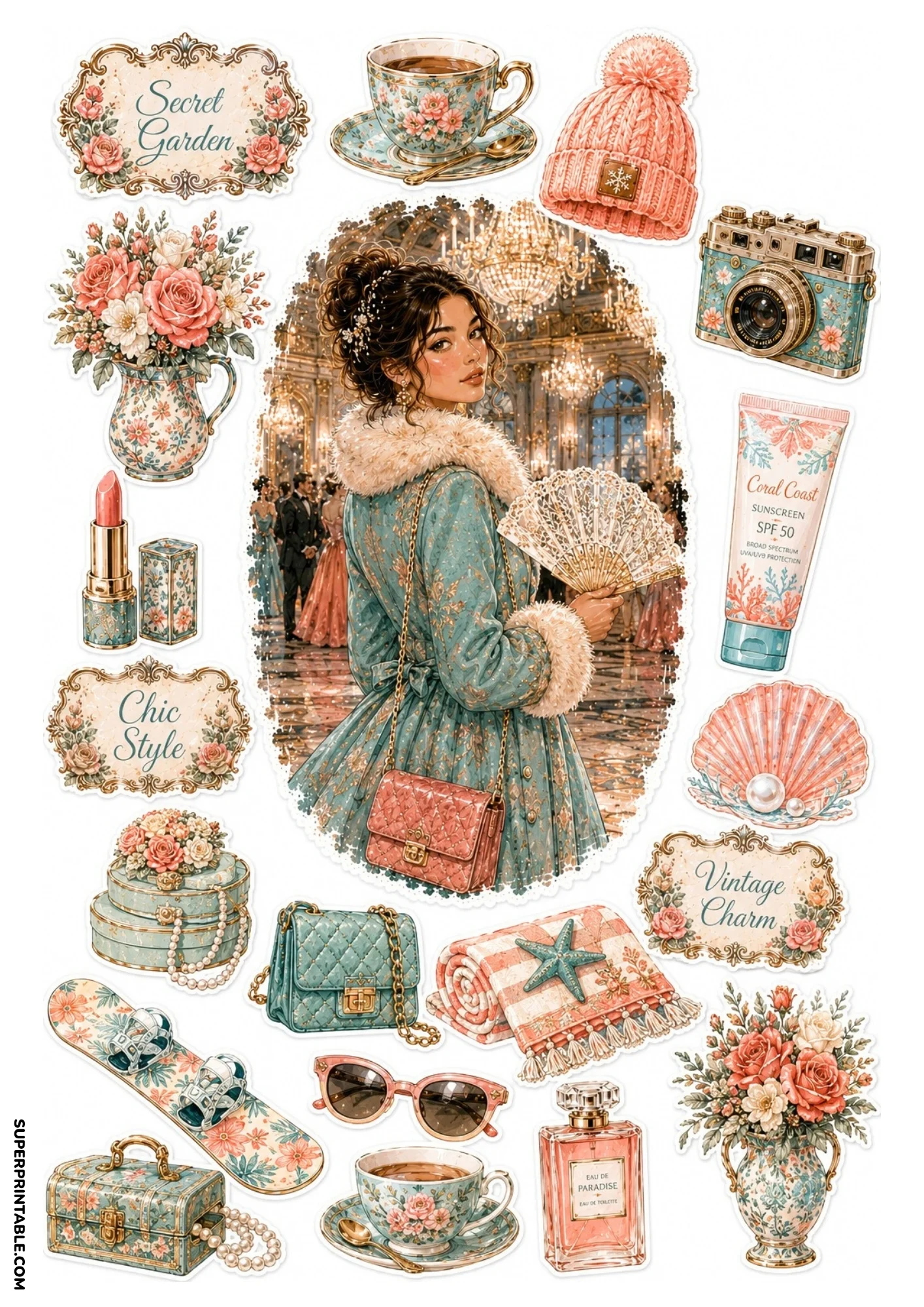 Printable sticker sheet featuring a woman in a turquoise fur-trimmed coat in a grand ballroom, with sunscreen tube, hat boxes, and beach towel.