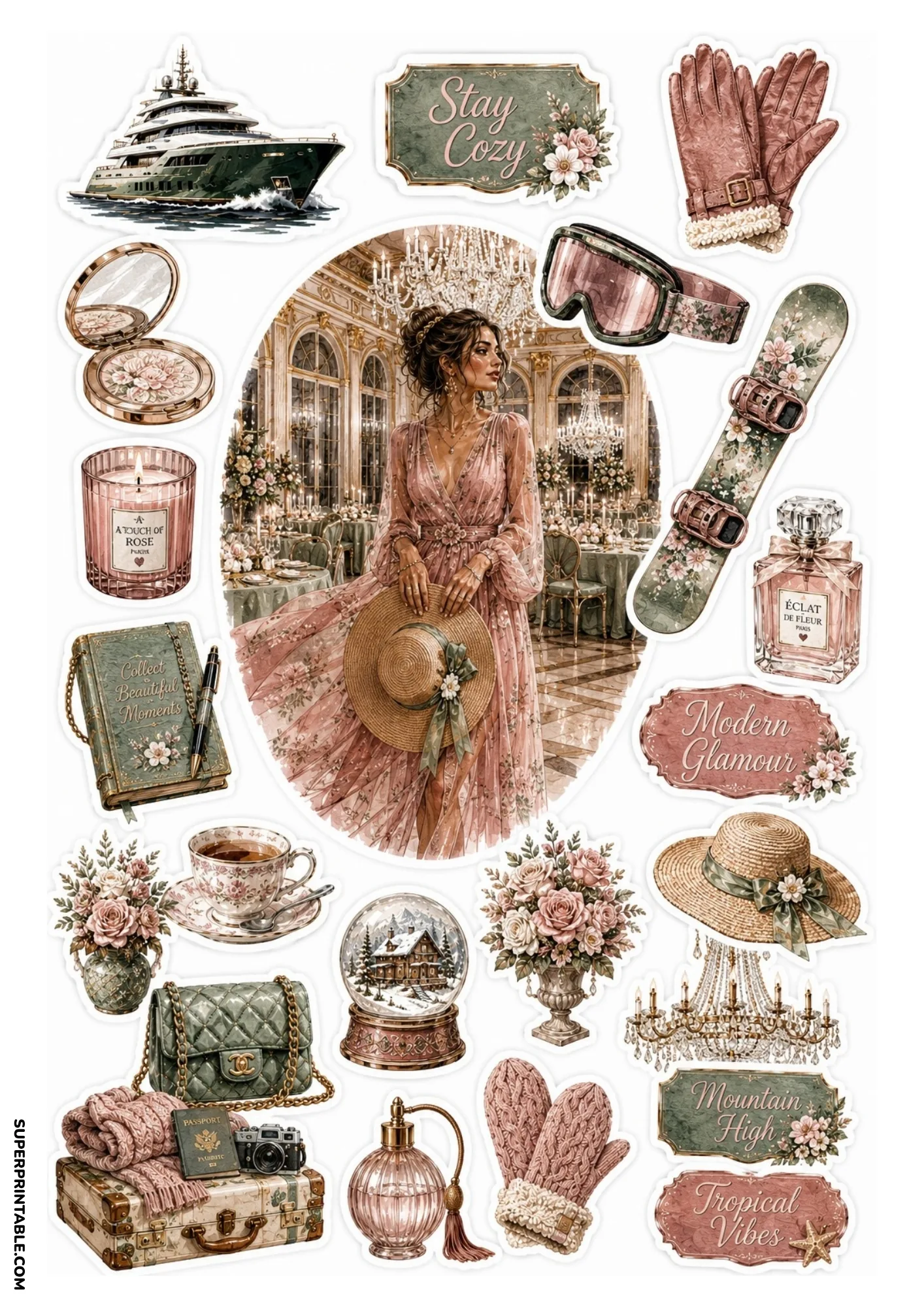 Printable sticker sheet centered on a woman in a pink ballroom gown, flanked by dusty rose and sage green stickers including a green motor yacht, floral snowboard, chandelier, and journal.