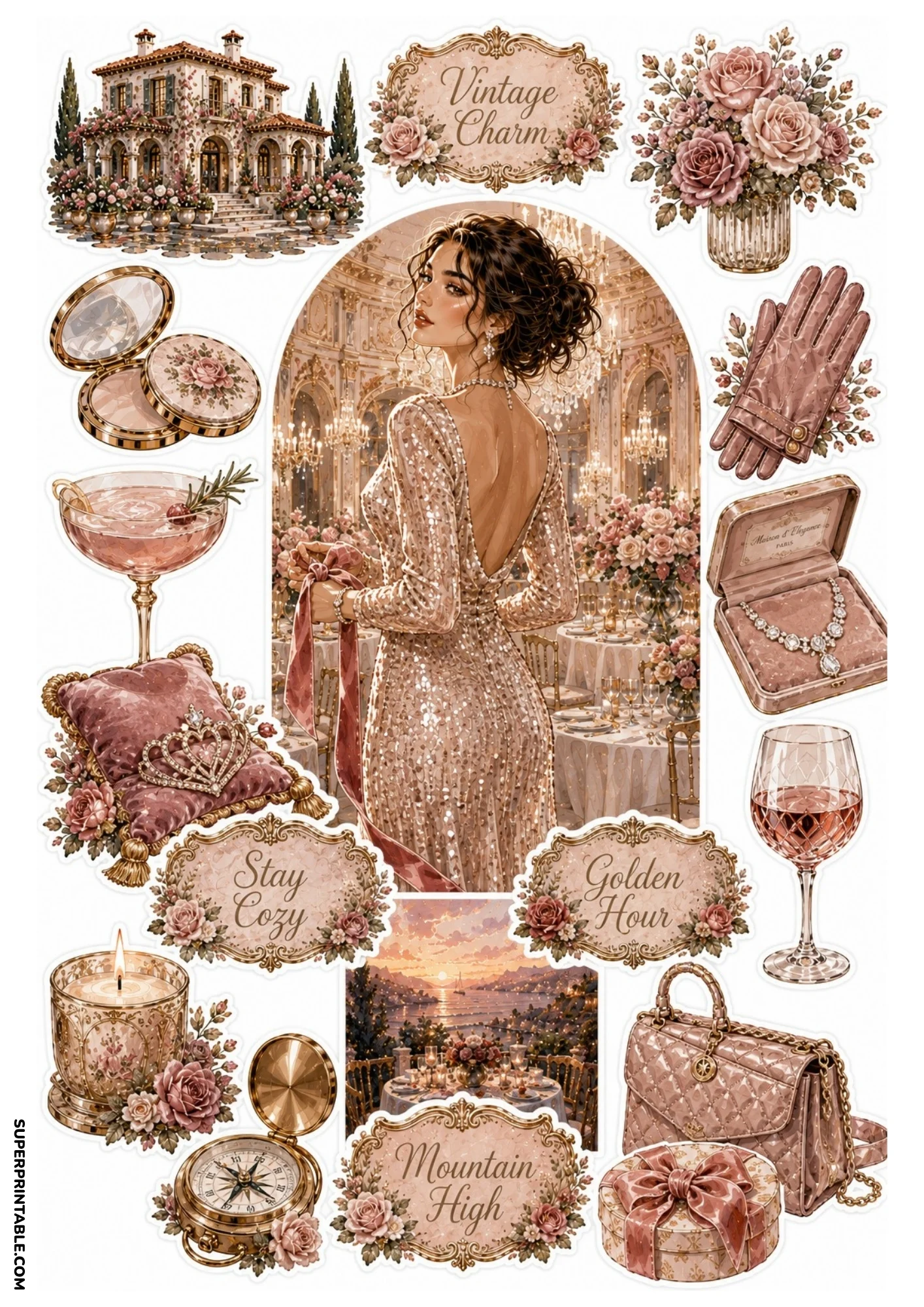 Printable sticker sheet showing a woman in a backless champagne sequin gown in a chandelier ballroom, tiara on cushion, jewelry box, and rosé glass.