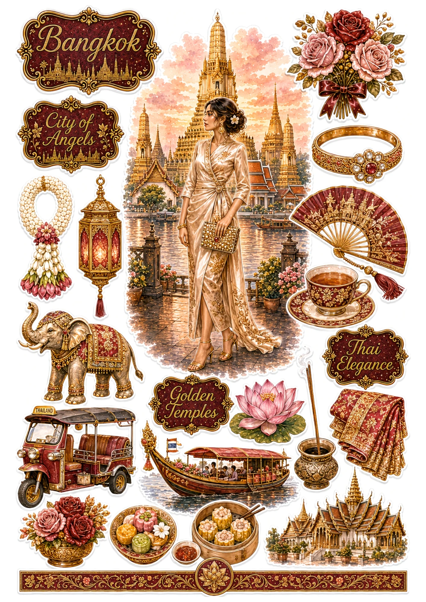 Bangkok sticker collection depicting a woman in a gold Thai silk wrap dress at Wat Arun temple, tuk-tuk, and jasmine garland.