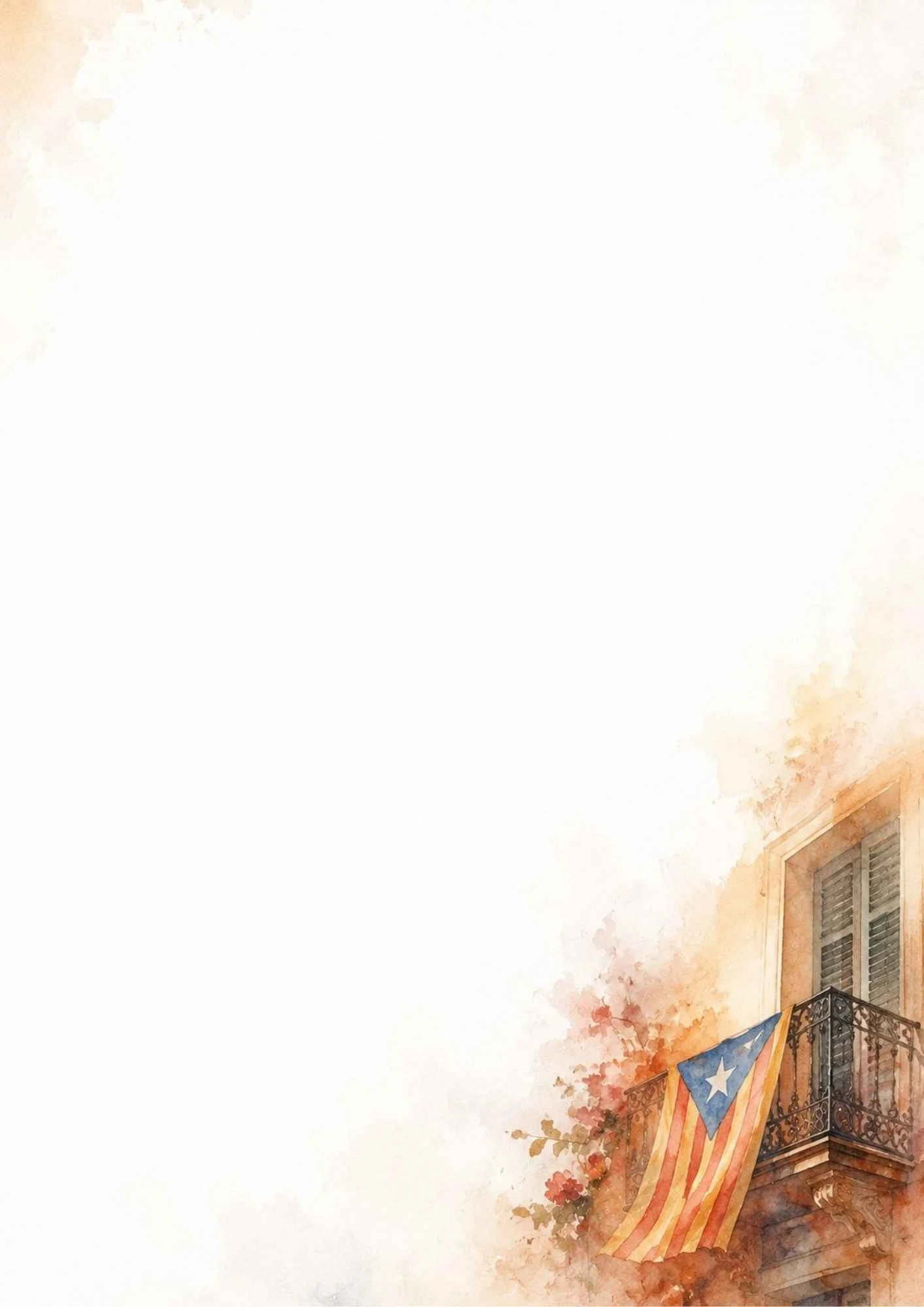 A watercolor depiction of a balcony with the striped Catalan flag draped over a black wrought iron railing next to window shutters.