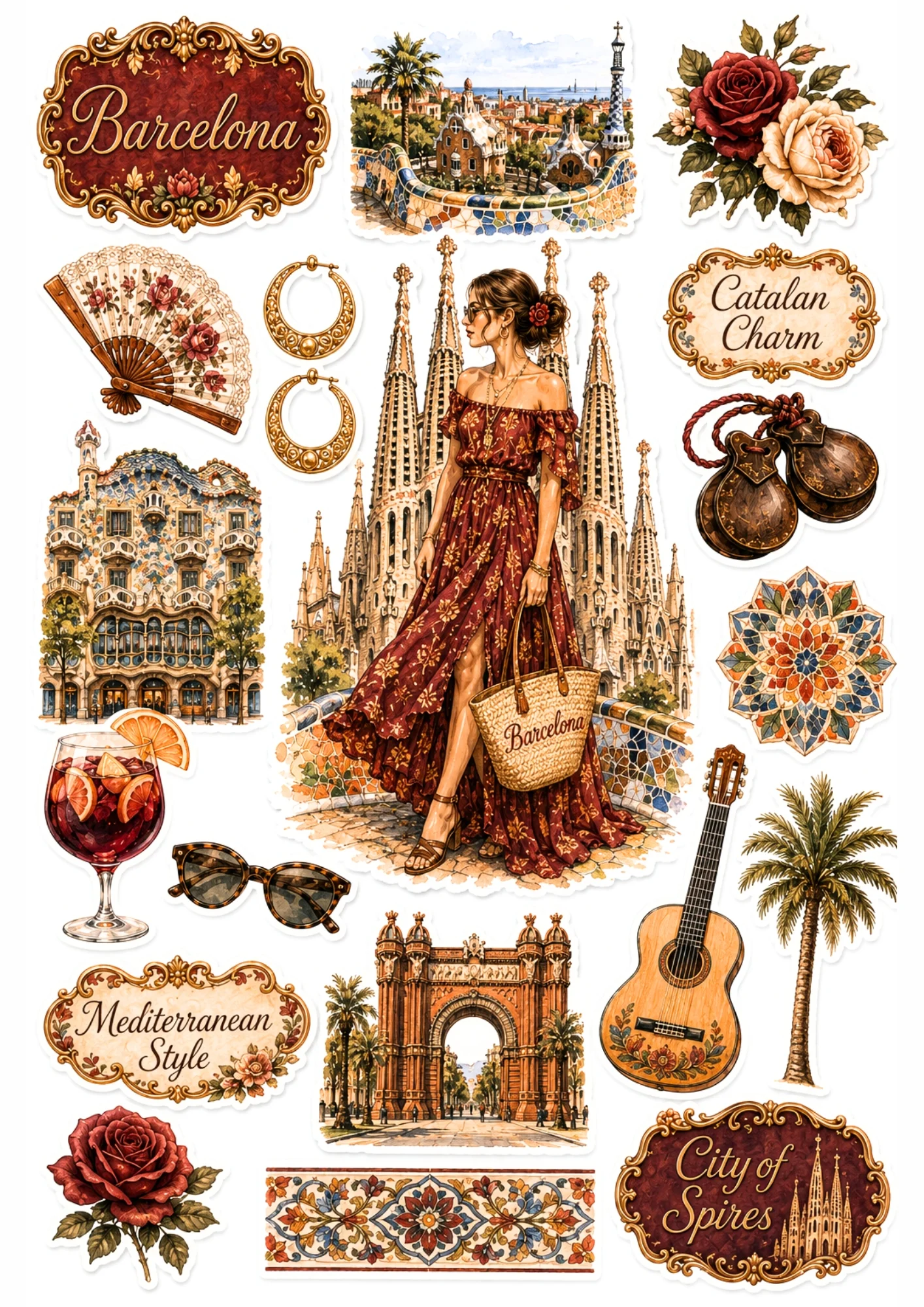 Barcelona sticker sheet featuring a woman in a red off-shoulder dress at Park Güell, Sagrada Família, castanets, and guitar.