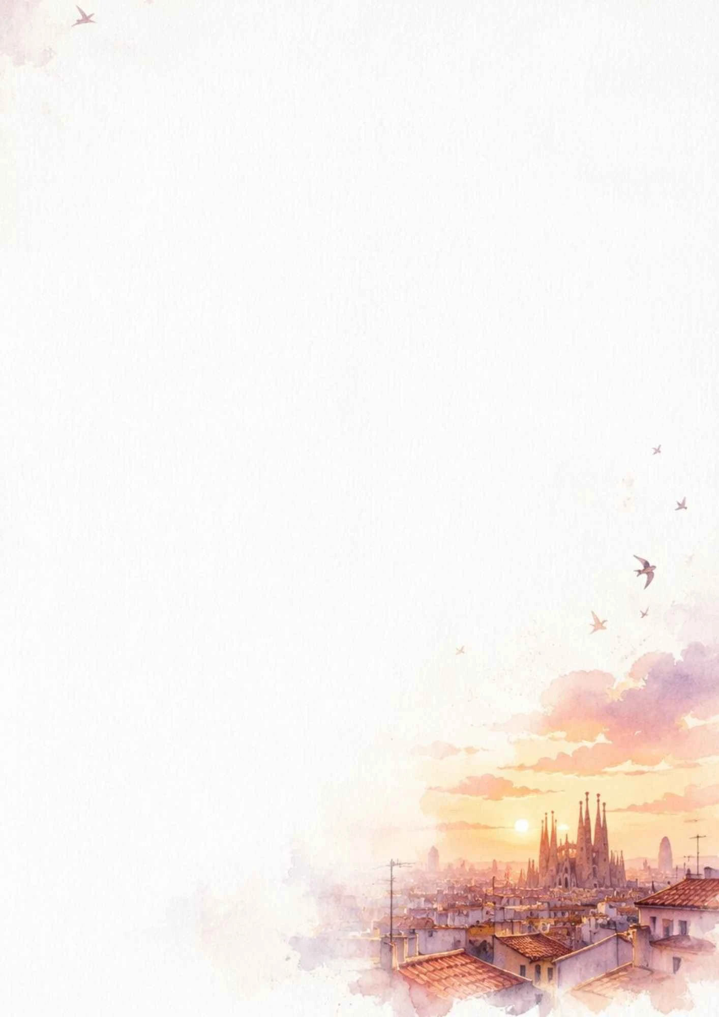 A watercolor city view of Barcelona rooftops at sunset with the Sagrada Familia silhouette on the horizon.