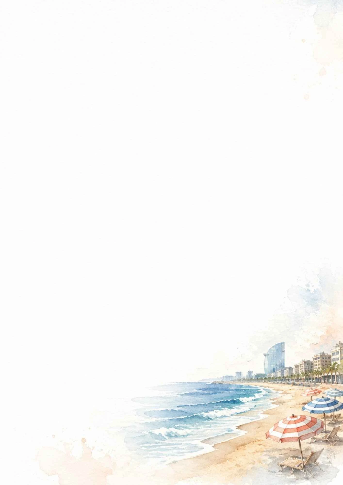 A watercolor painting of a sandy beach with striped beach umbrellas, lounge chairs, and the sea with a hotel silhouette in the distance.