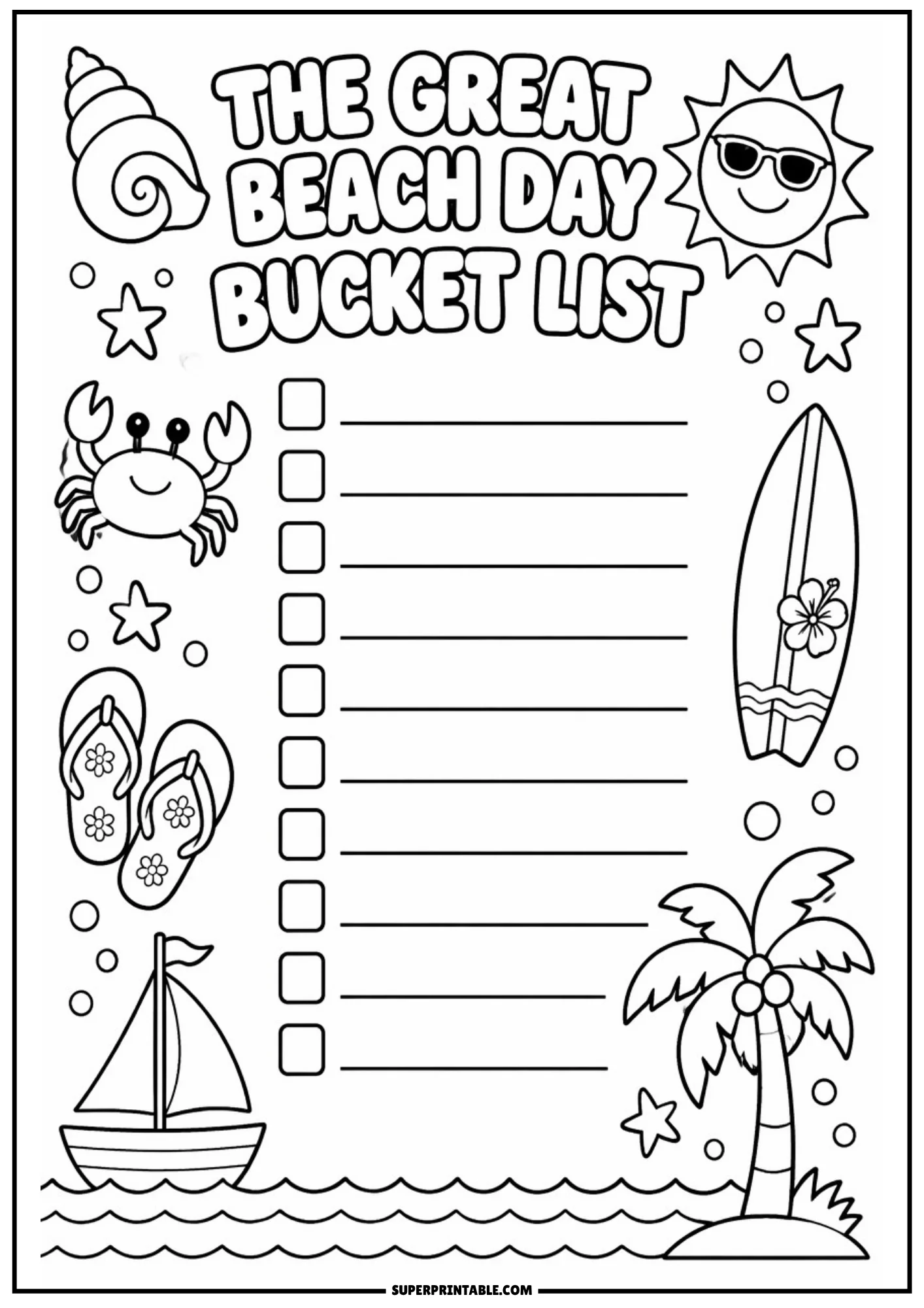 Printable beach day bucket list checklist page featuring a seashell, sun in sunglasses, crab, flip-flops, surfboard, sailboat, and palm tree.