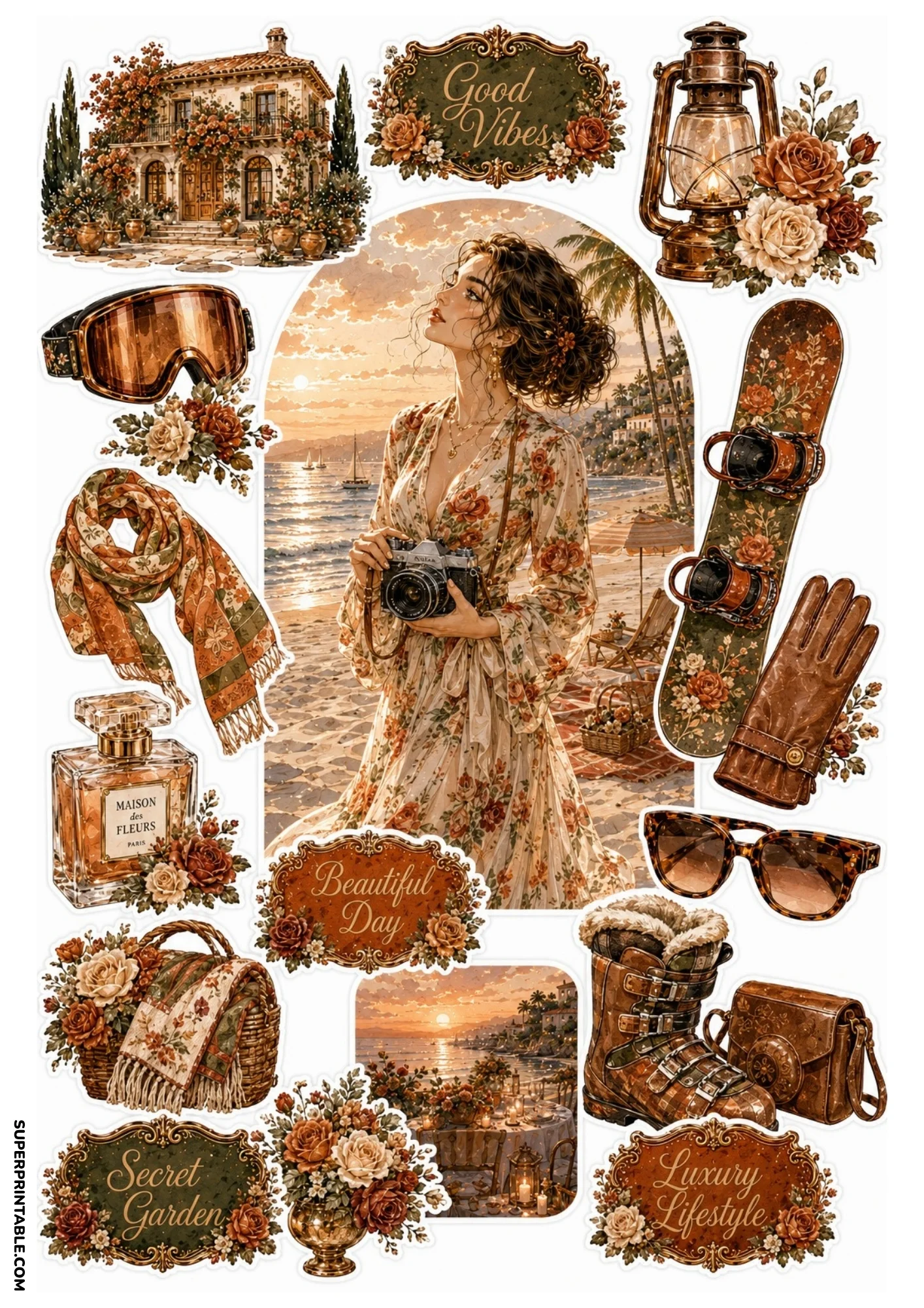 Printable sticker set with a woman holding a camera in a floral dress on a beach at sunset, leather boots, lantern, floral snowboard, and wicker bag.