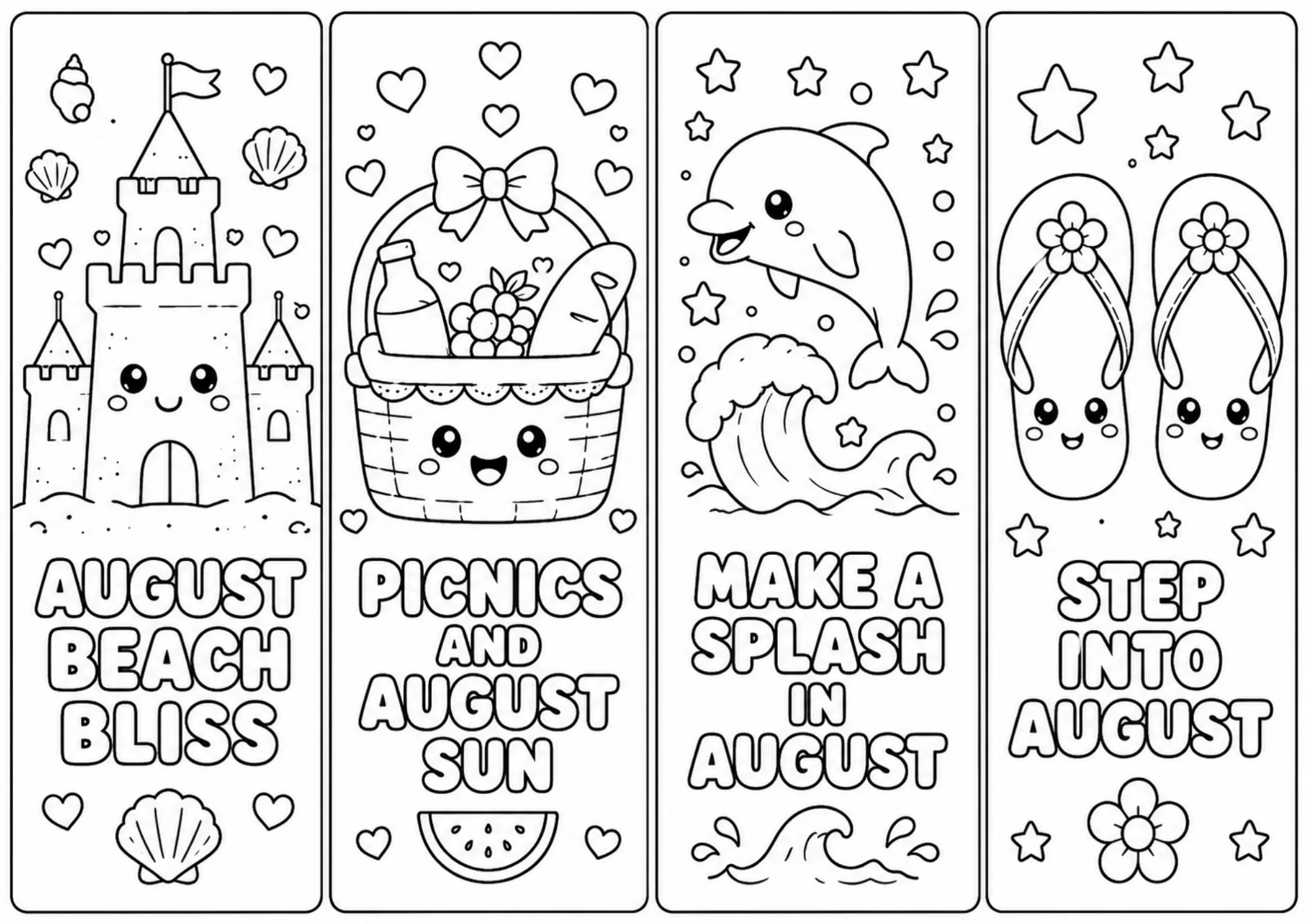 Four black and white printable bookmarks featuring a sandcastle, picnic basket with food, playful dolphin on waves, and a pair of flip-flops.