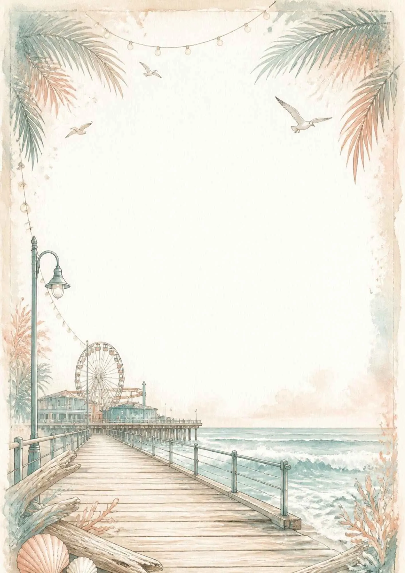 A cozy writing page featuring a beach picnic blanket, basket, and umbrella on the sand near the water.