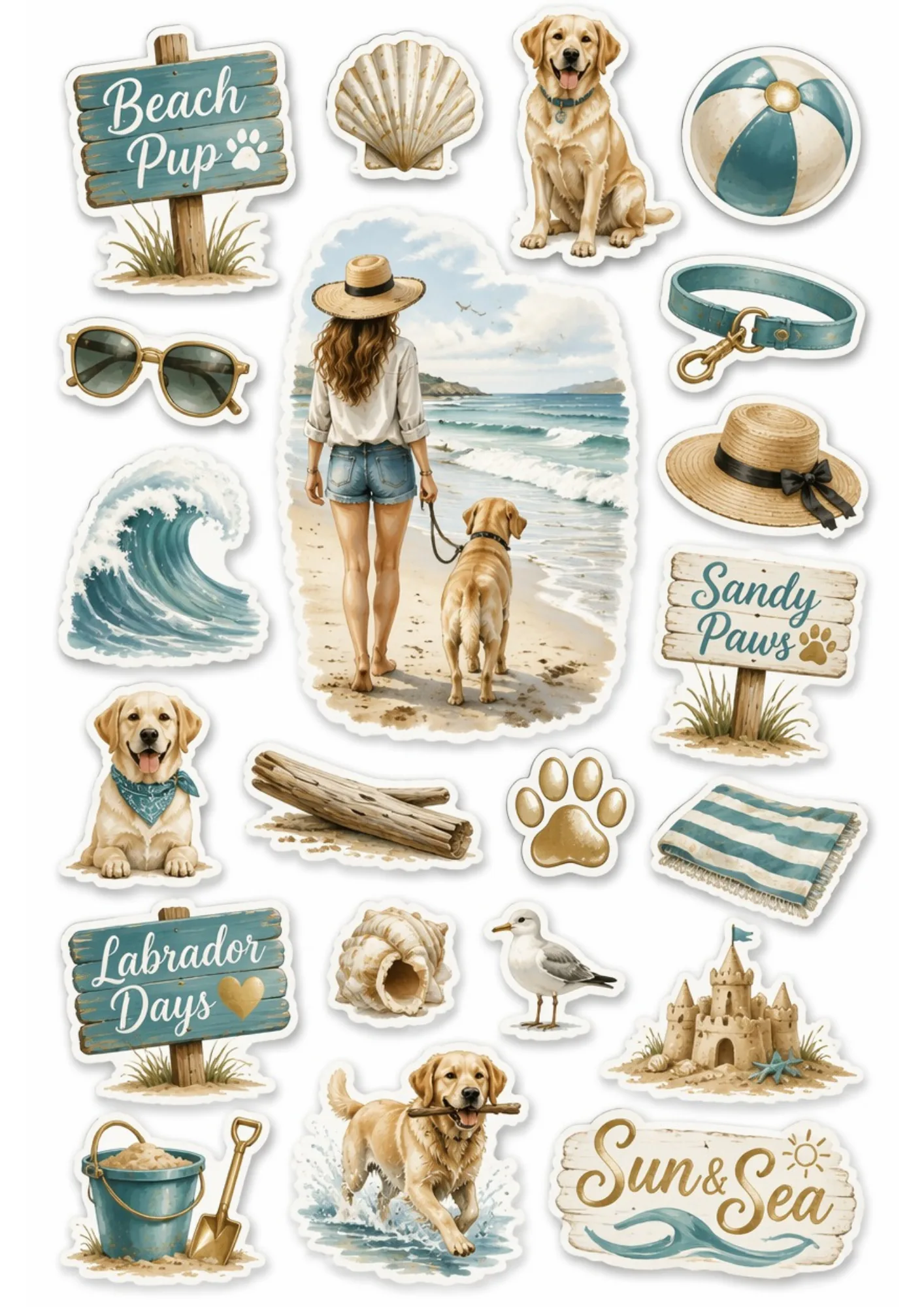 A coastal beach sticker sheet featuring a woman walking her golden Labrador along the shore alongside sea-themed icons and wooden signs.