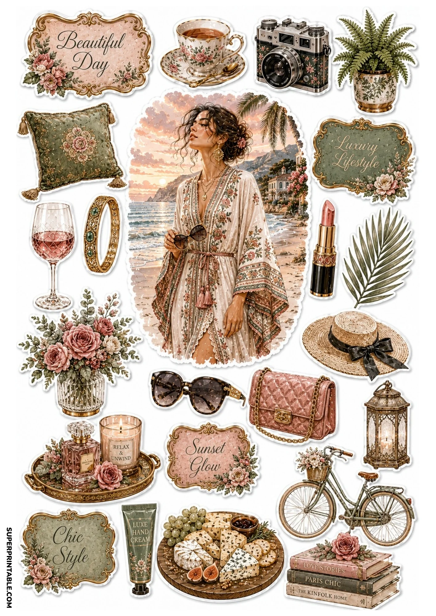 Sage green and rose sticker sheet displaying a woman on a beach promenade, teacups, straw hat, vintage bicycle, and tropical labels.