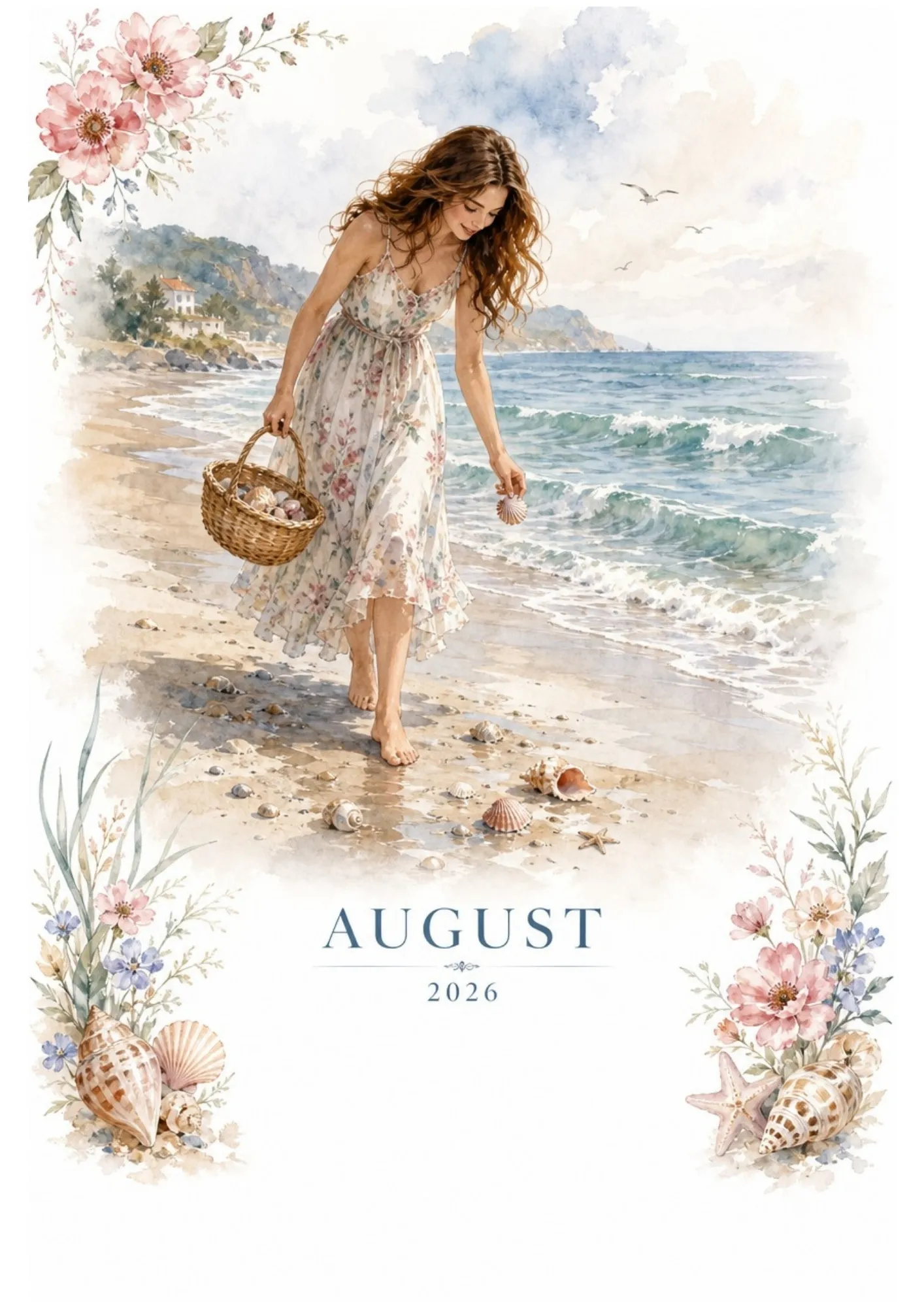 Watercolor illustration of a woman in a floral dress collecting seashells on a sandy beach under the text August 2026 with a blank writing space.