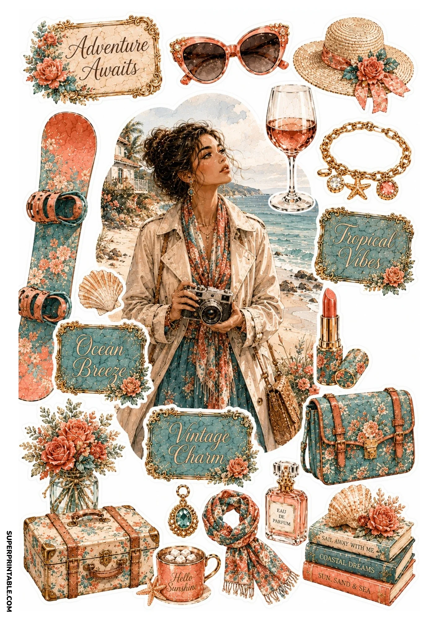 Printable sticker sheet featuring a woman holding a camera on a beach boardwalk, with coastal books, vintage camera, floral vase, and teal handbag stickers.