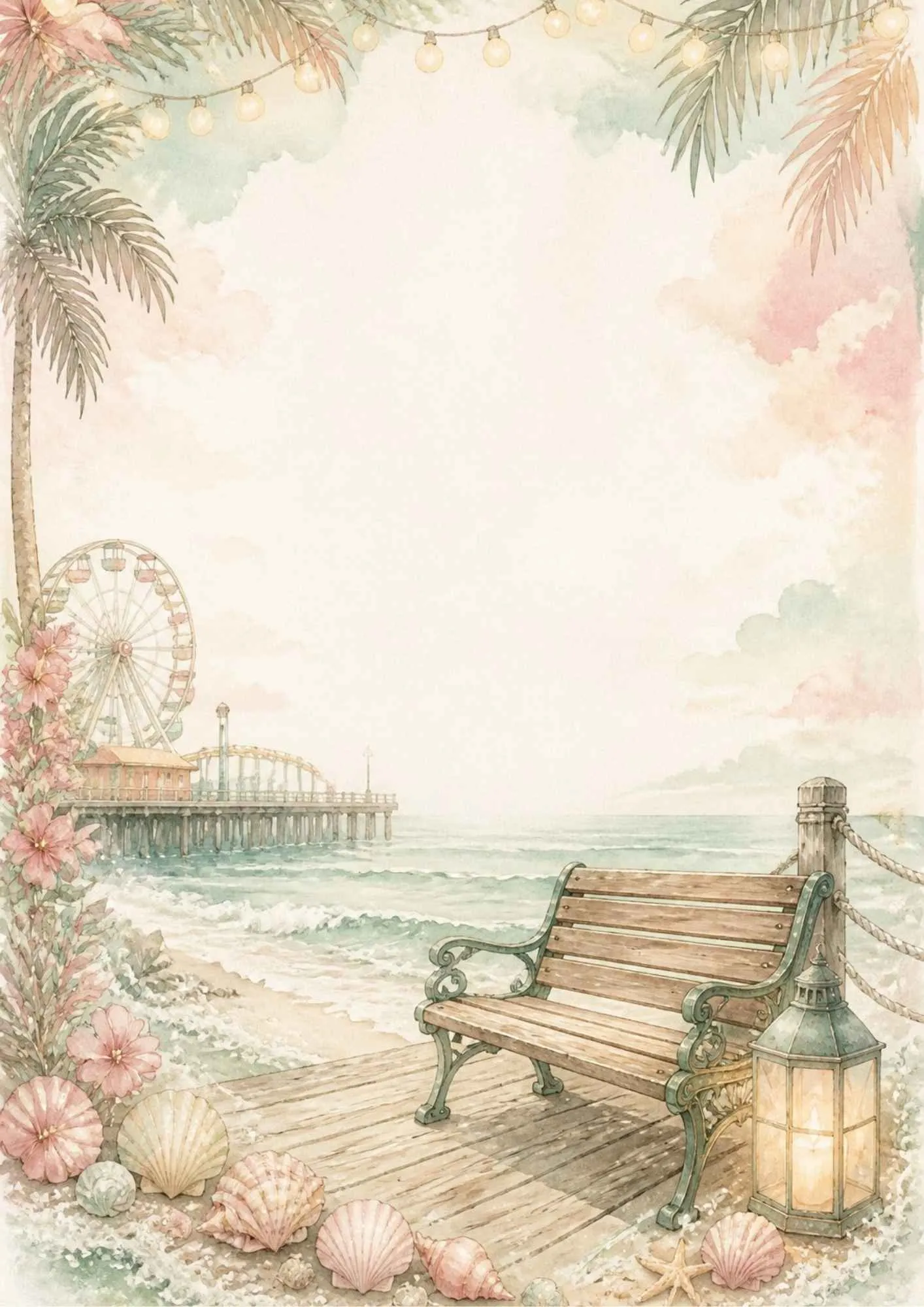 A sporty writing page showing a volleyball net on the beach with ocean waves and seagulls in watercolor.