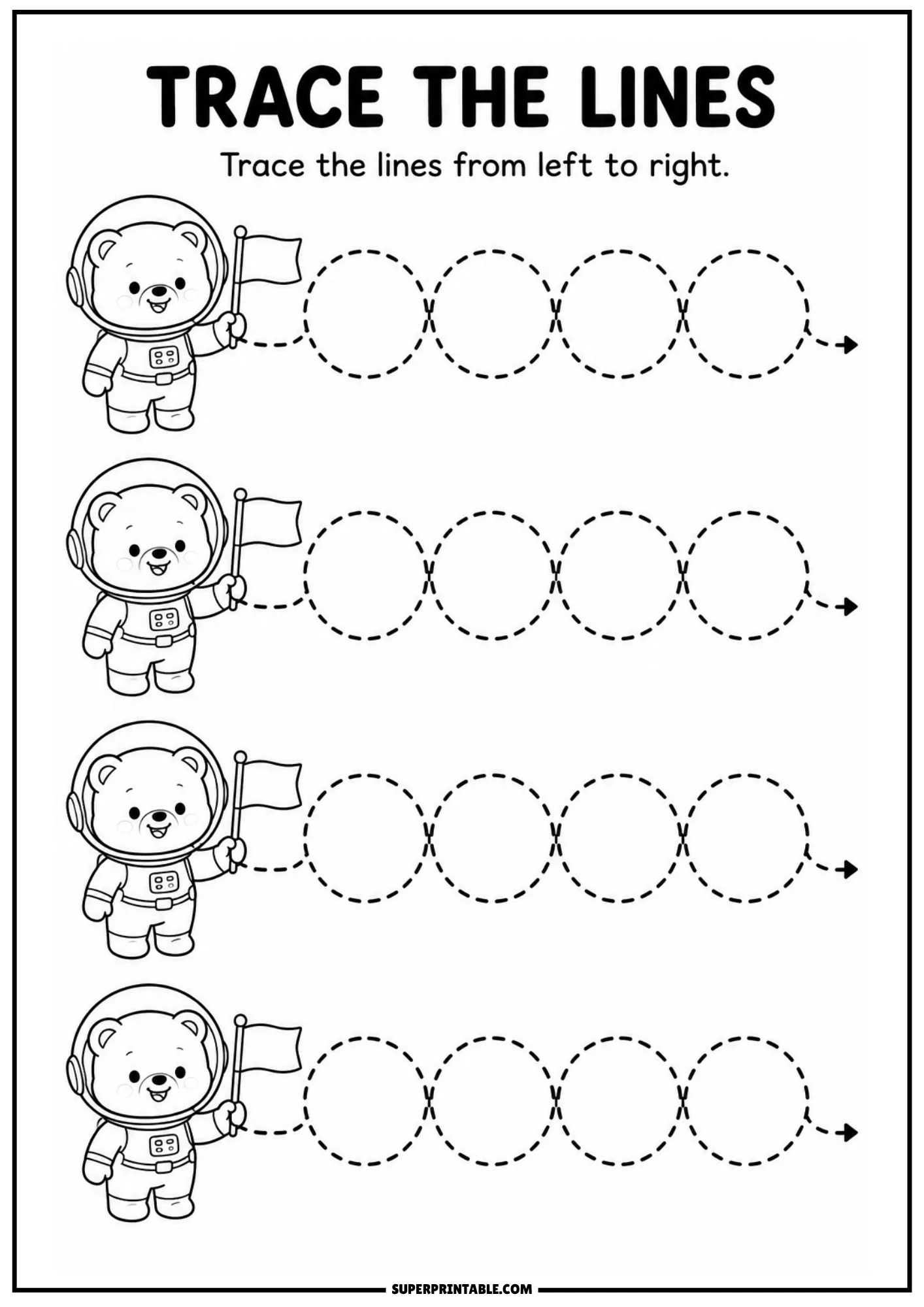 Tracing worksheet showing bear astronauts with flags next to rows of dashed circular loop patterns.