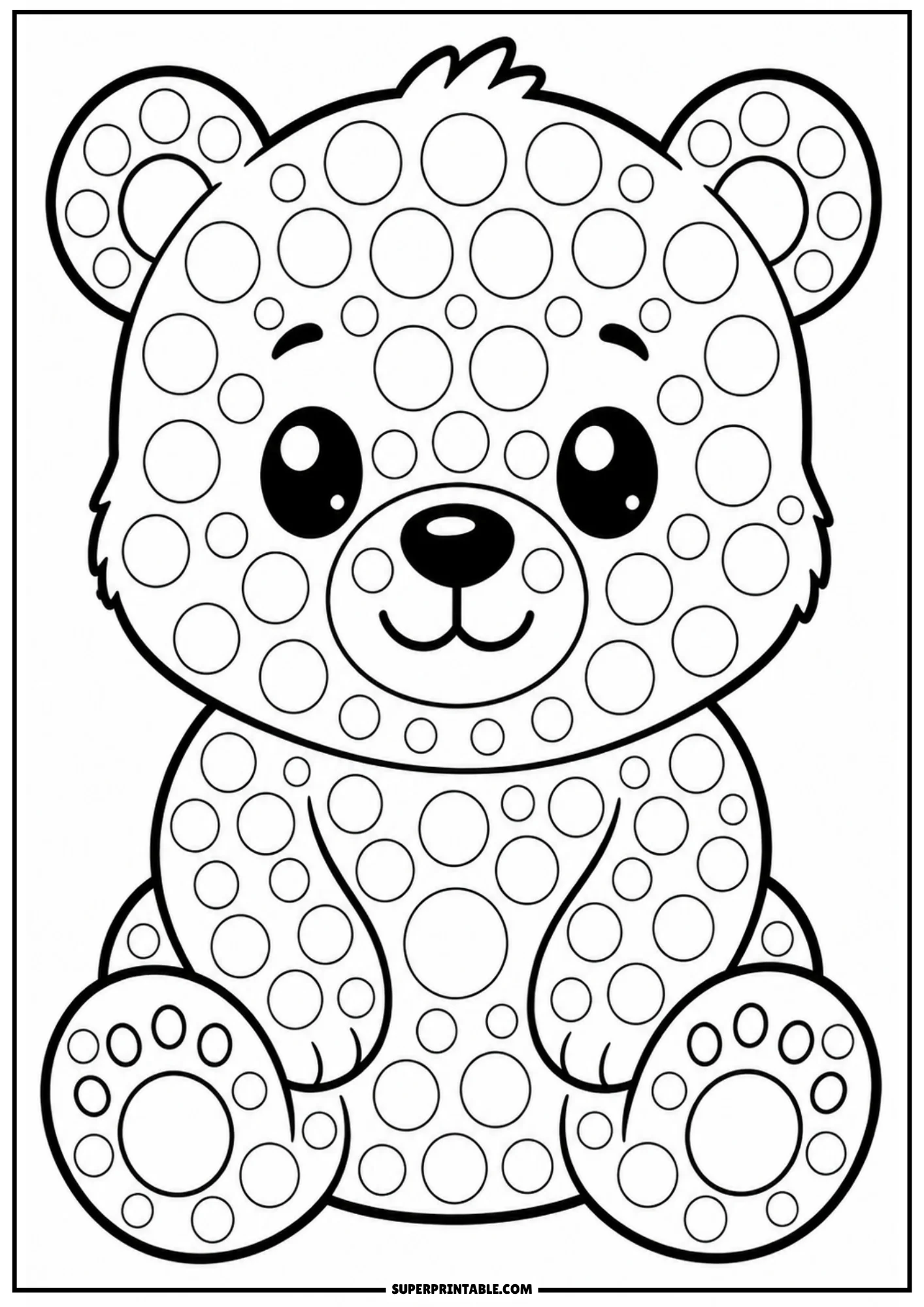 A cute cartoon baby bear sitting down and smiling, covered in circular dot markers.