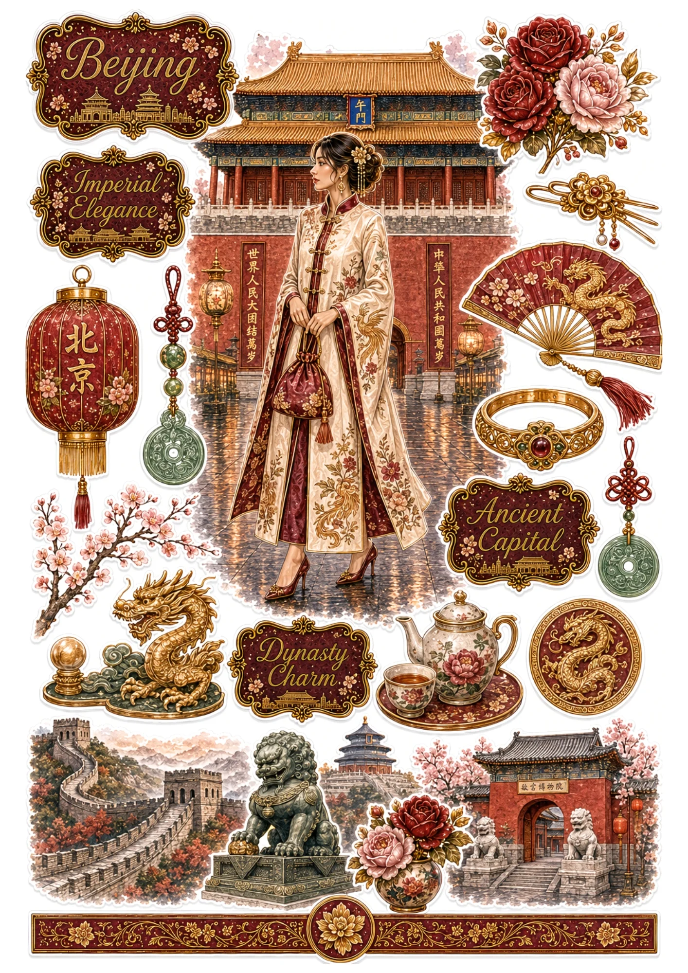 Beijing sticker sheet depicting a woman in an imperial silk gown at Forbidden City gate, Great Wall, dragon statue, and Tiantan.