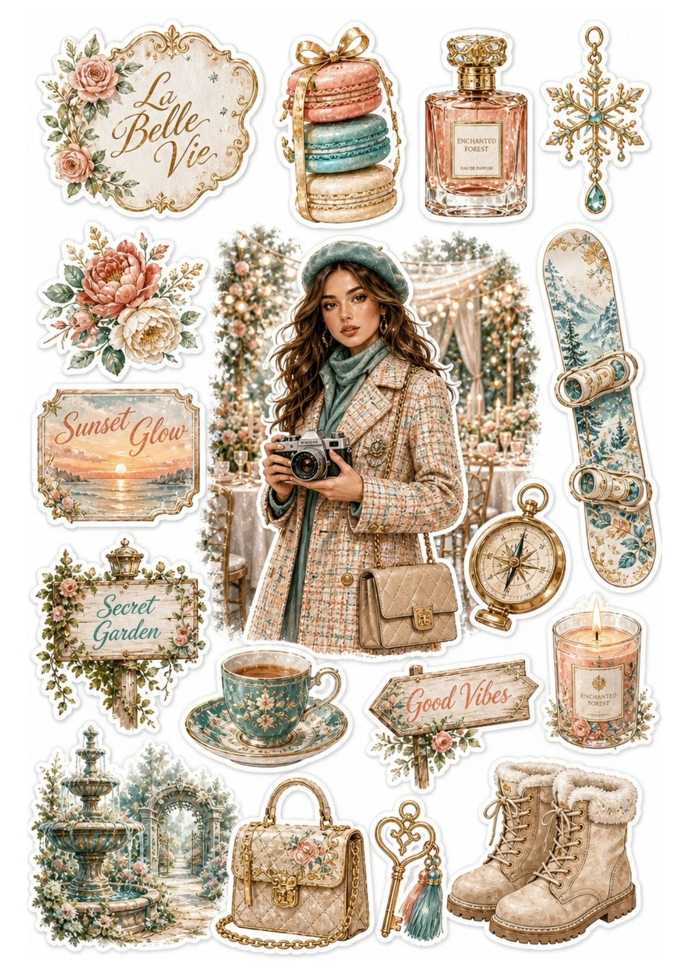 Sticker sheet featuring a photographer wearing a beret alongside macarons and winter boots.