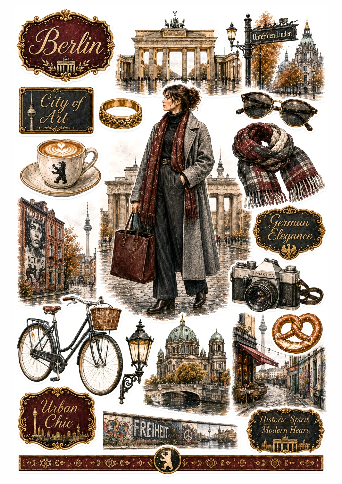 Berlin sticker sheet depicting a woman in a long coat at Brandenburg Gate, Berlin TV Tower, street art mural, and German pretzel.