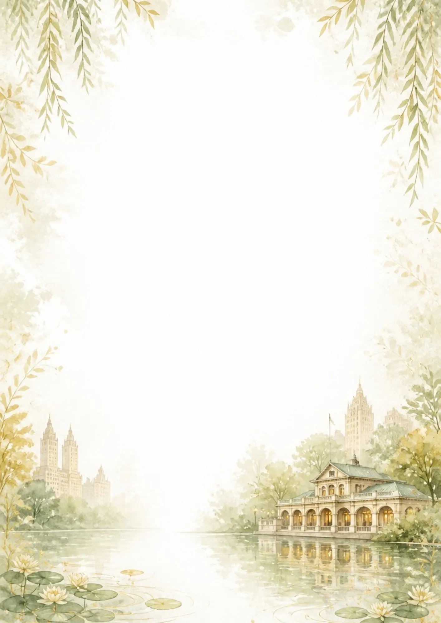 Watercolor border writing page showing the Bethesda Boathouse on a lake covered with water lilies, with Manhattan apartments in the background.