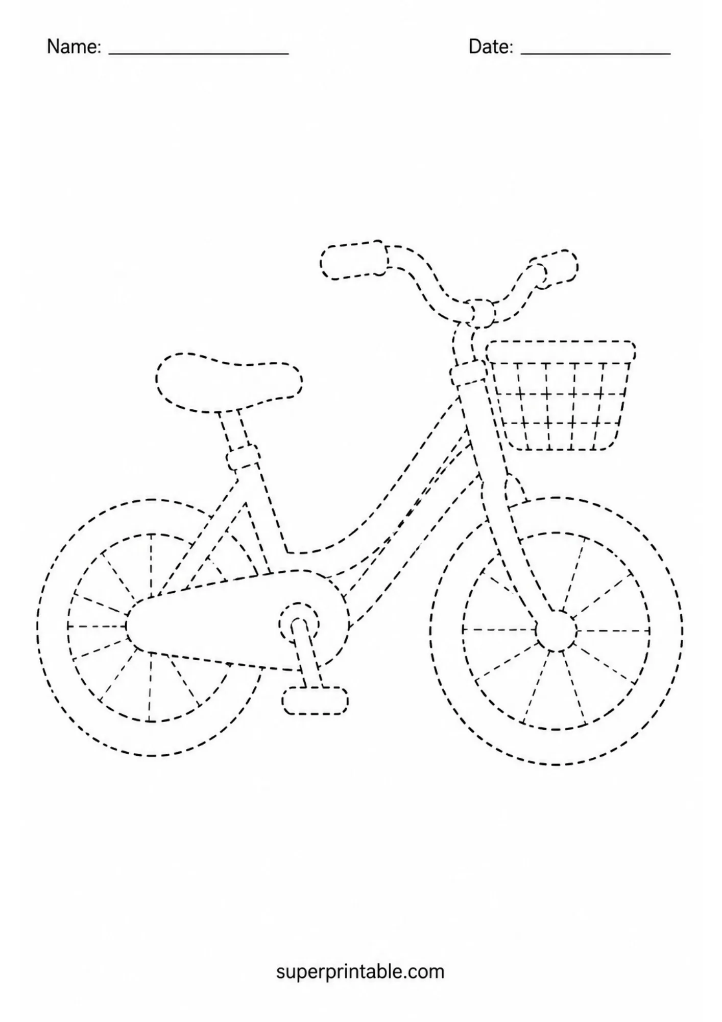 Black and white line tracing activity sheet depicting a bicycle with a front basket in dashed lines.