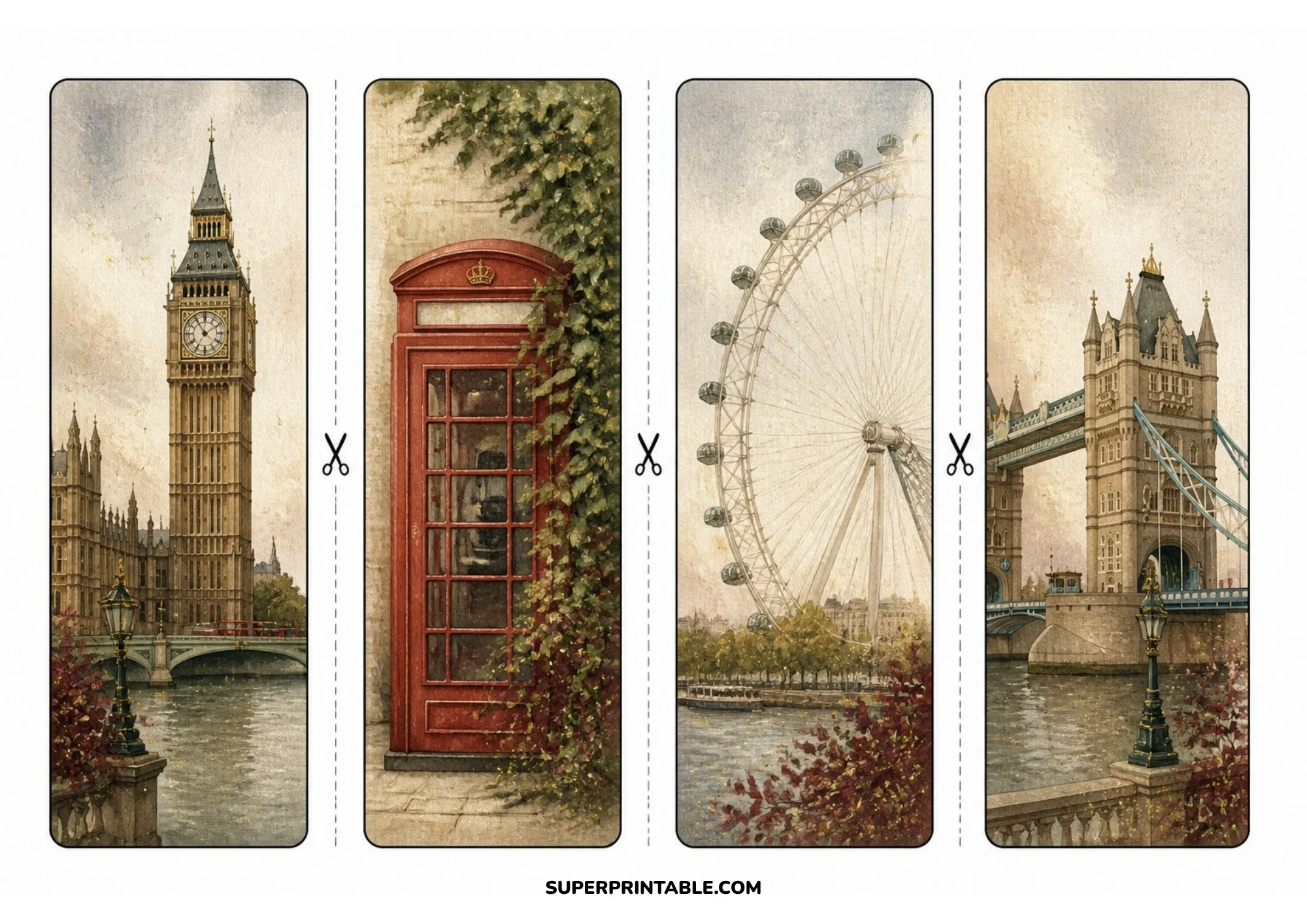 Printable bookmark sheet showing four London landmarks: Big Ben and Parliament, a red ivy-covered phone booth, the London Eye ferris wheel, and Tower Bridge over the Thames.