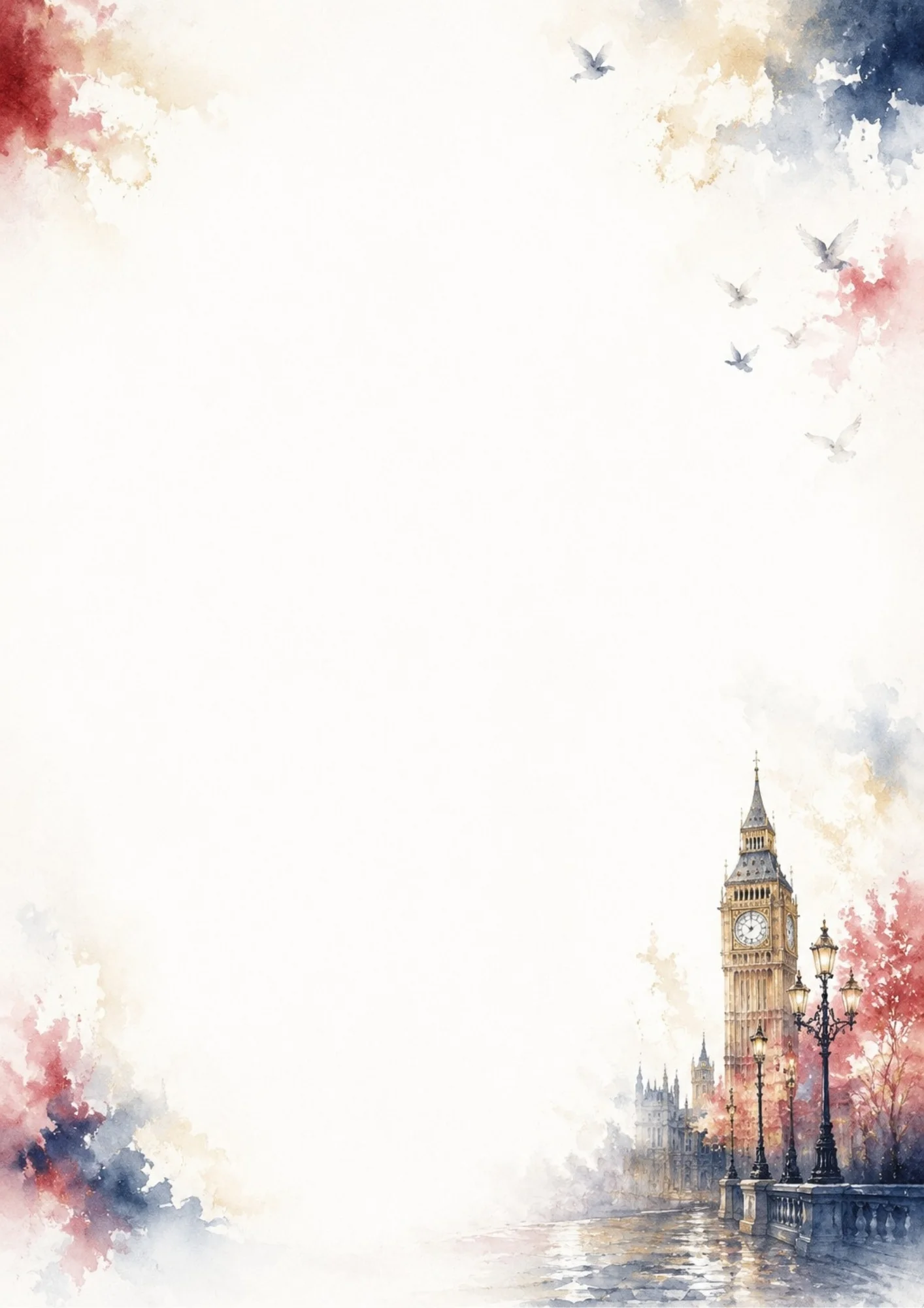 A watercolor depiction of Big Ben and Westminster Bridge streetlights under a soft sky with flying pigeons, autumn trees, and colourful red and blue watercolor splashes on the edges.