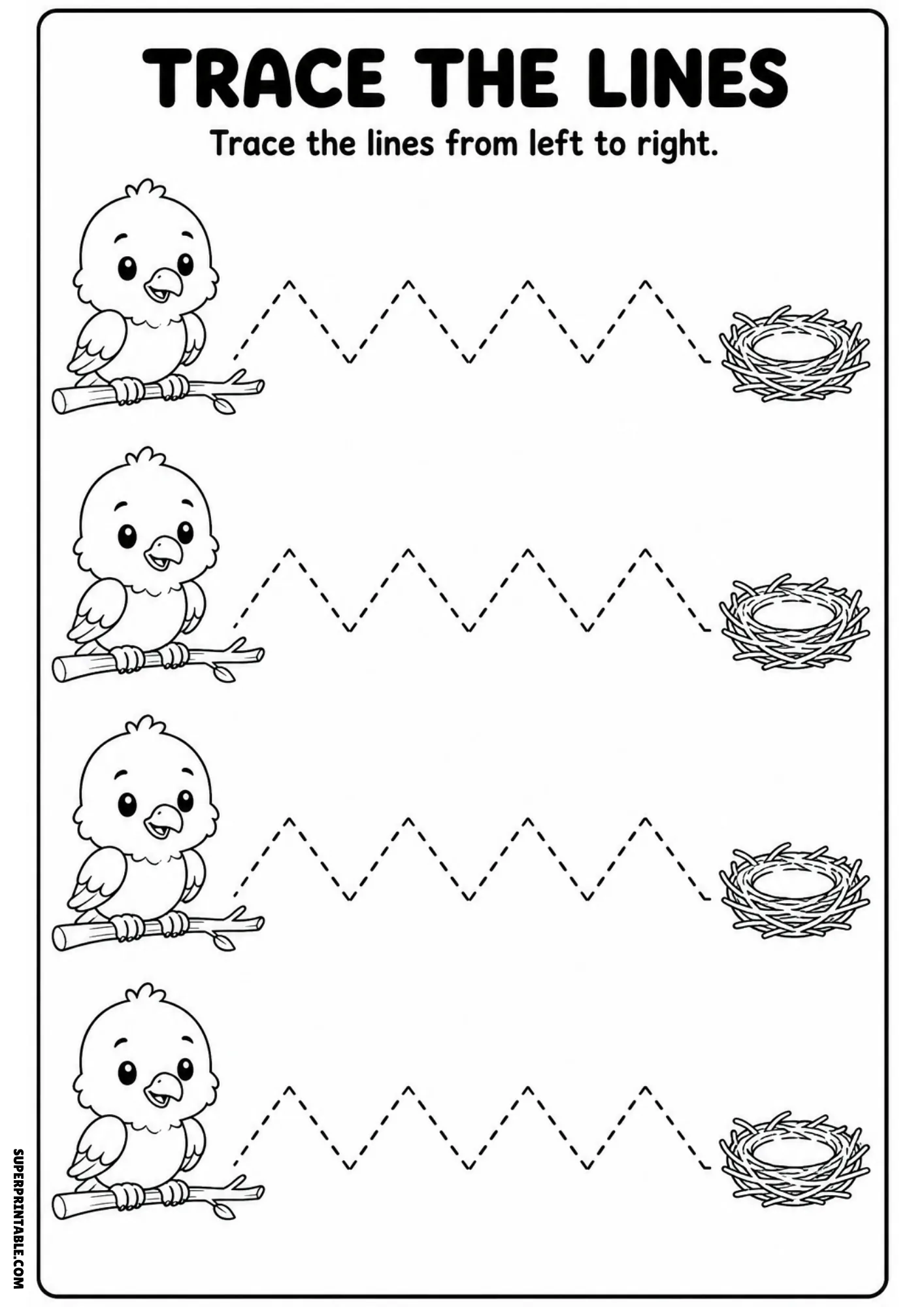 Line tracing worksheet showing four cartoon birds on branches tracing zigzag dashed lines to bird nests.