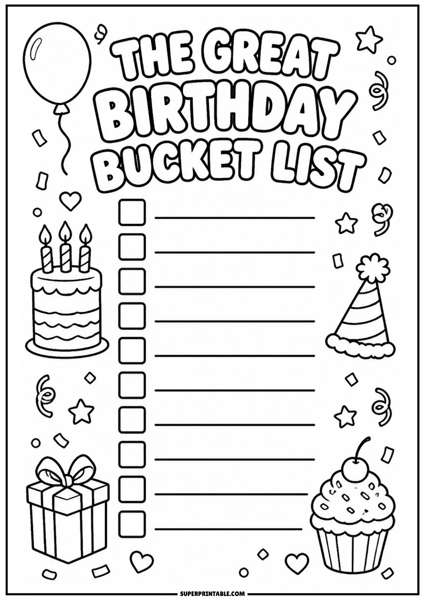 Printable birthday bucket list activity sheet with a balloon, birthday cake with candles, gift box, party hat, cupcake with cherry, and confetti.