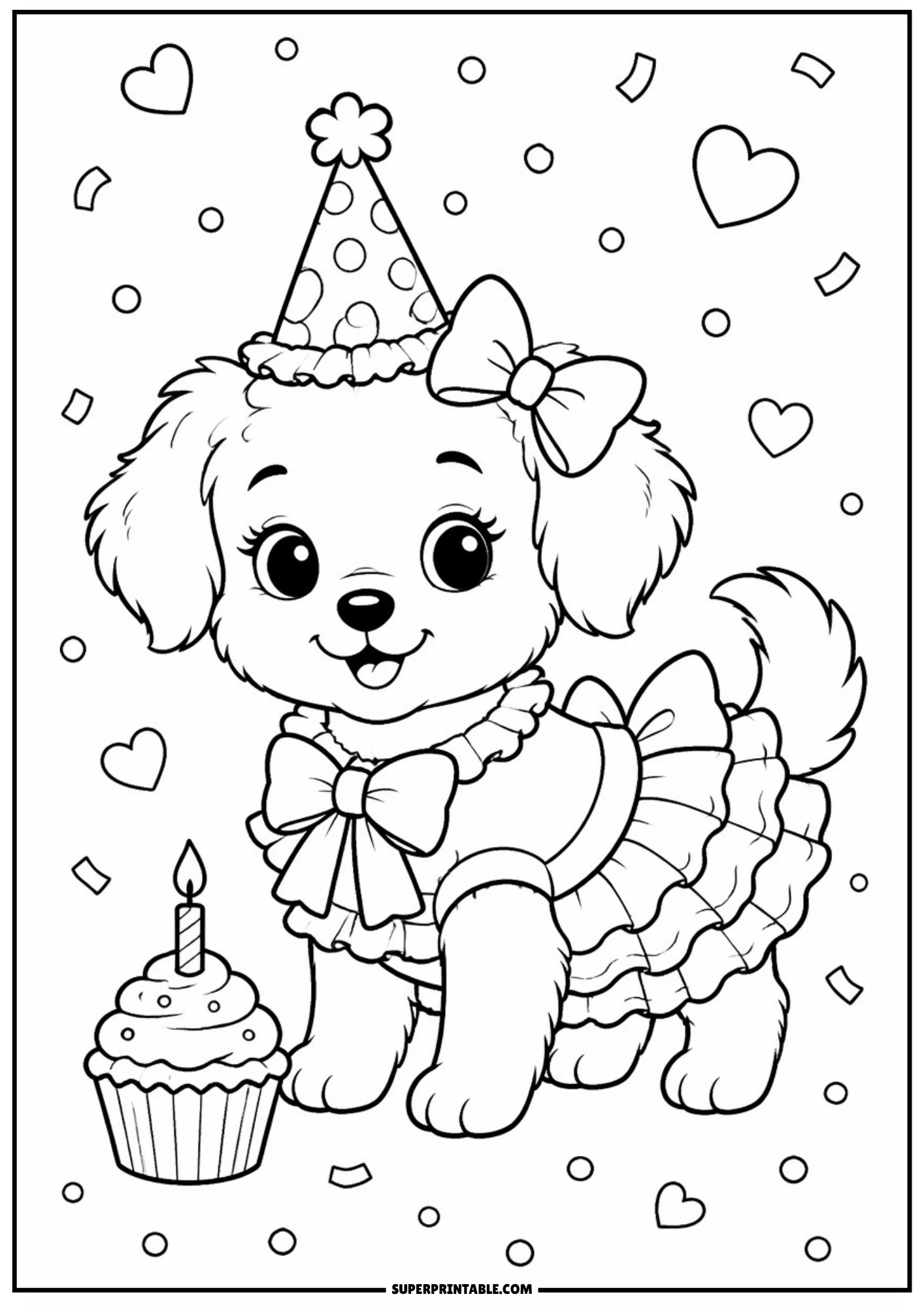 A coloring page showing a cute puppy in a party hat and a ruffled dress, standing next to a cupcake with a lit candle, surrounded by hearts and confetti.