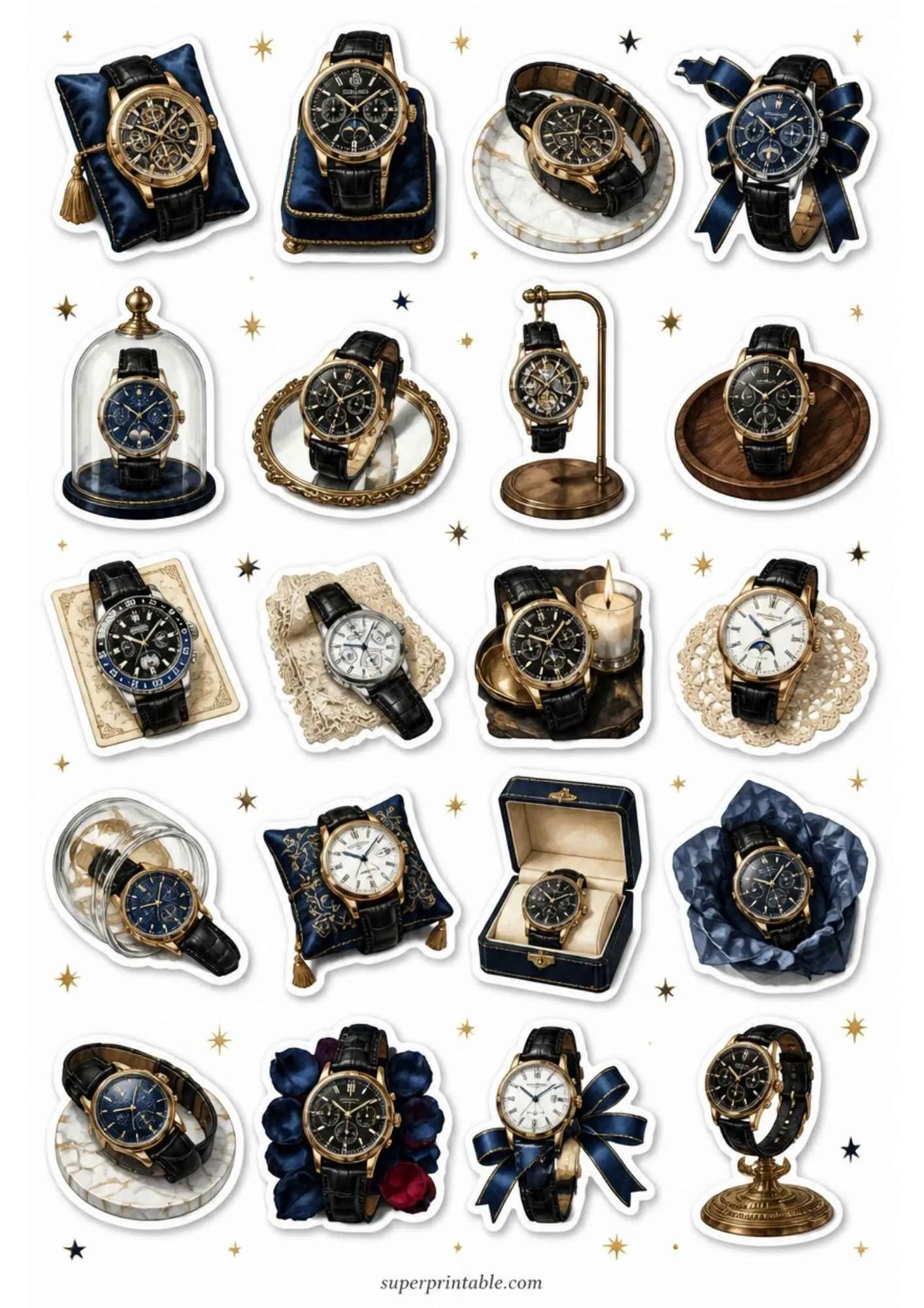 A printable sticker sheet featuring luxury watches with black alligator leather straps, gold cases, and moon phase dials.