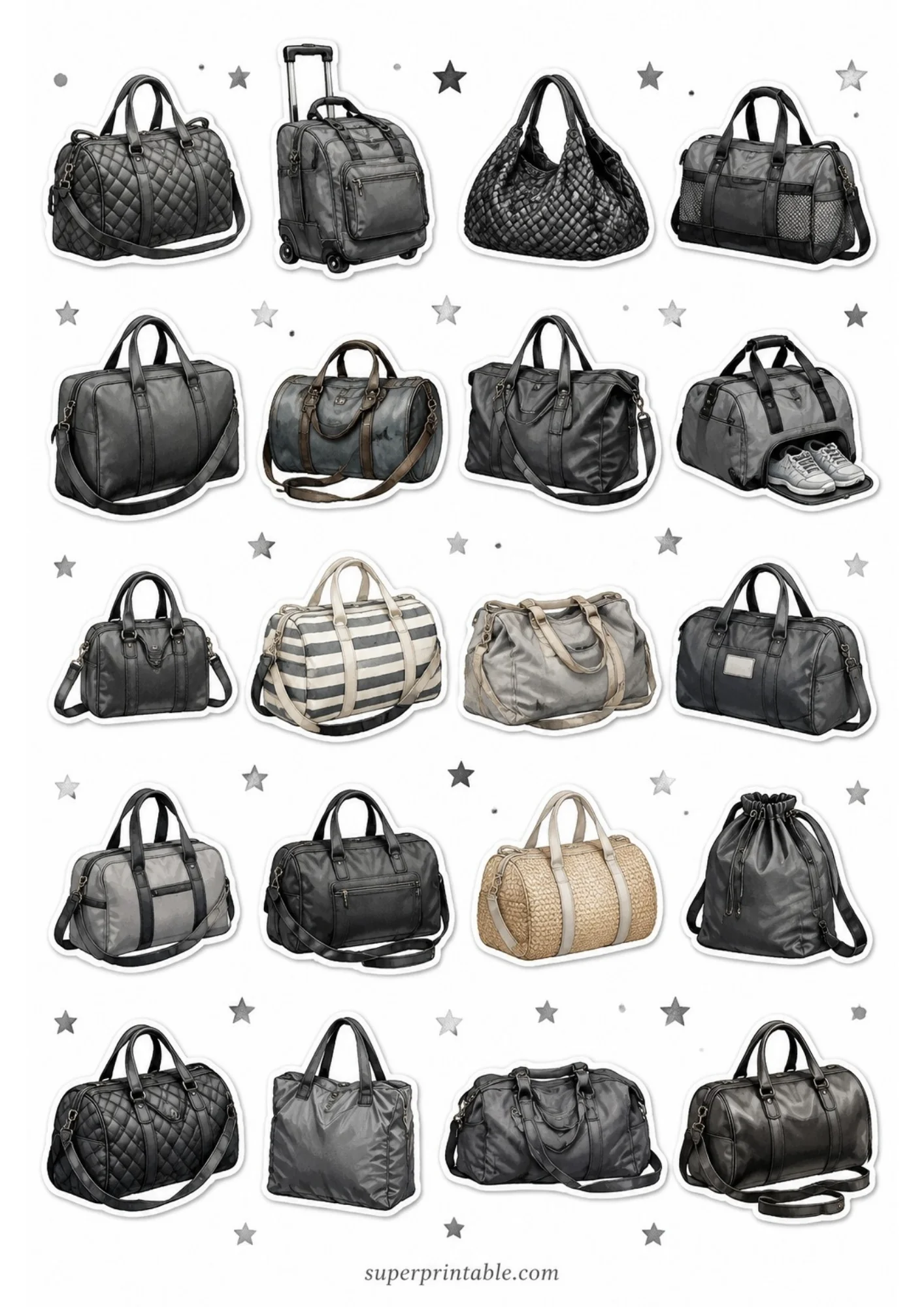 A sheet of 20 duffle bag stickers in dark black and slate grey colors, including quilted designs and rolling suitcases.