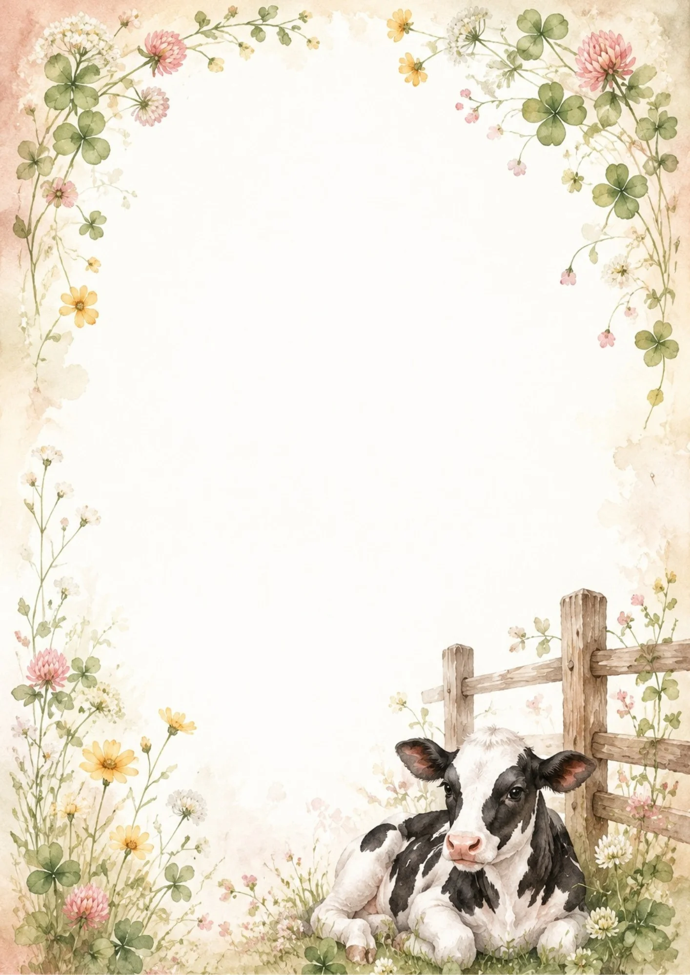 Watercolor stationery page with a black and white calf resting beside a wooden fence, framed by pink clover blossoms and wild flowers.