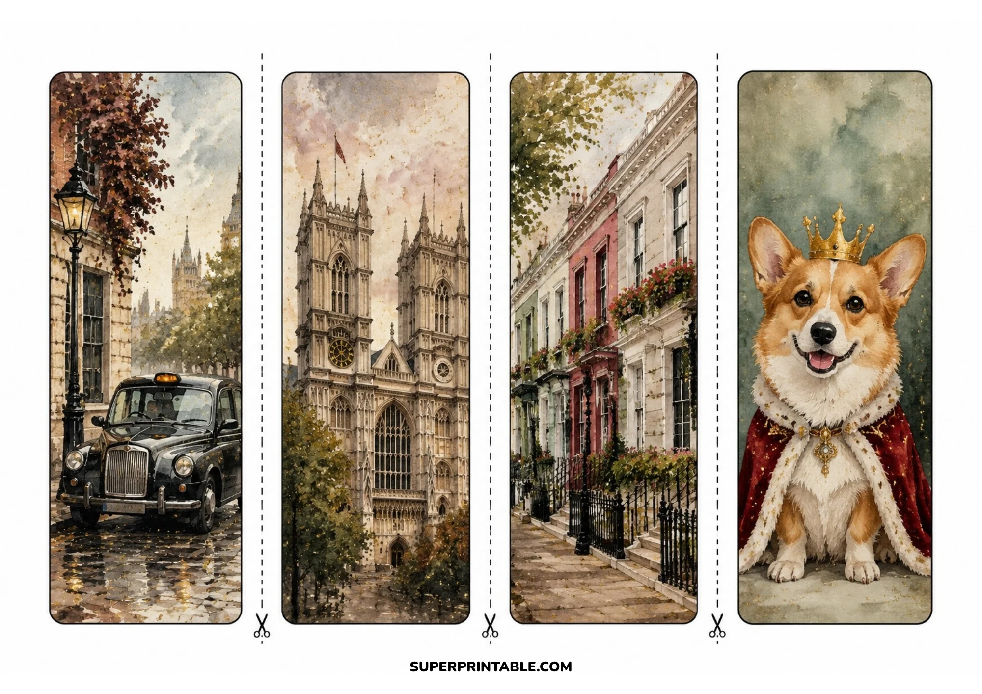 Printable bookmark sheet depicting a black London taxi cab, Westminster Abbey Gothic facade, colorful Notting Hill row houses, and a royal corgi dog in a crown and cloak.
