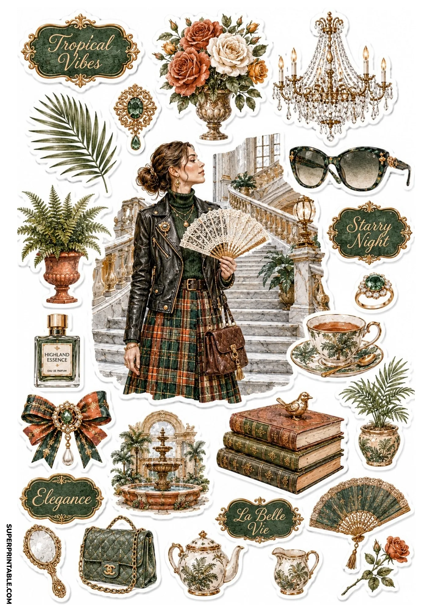 Edgy elegance sticker sheet featuring a woman in a leather jacket and tartan skirt, grand staircase, fountain, and green fashion accessories.