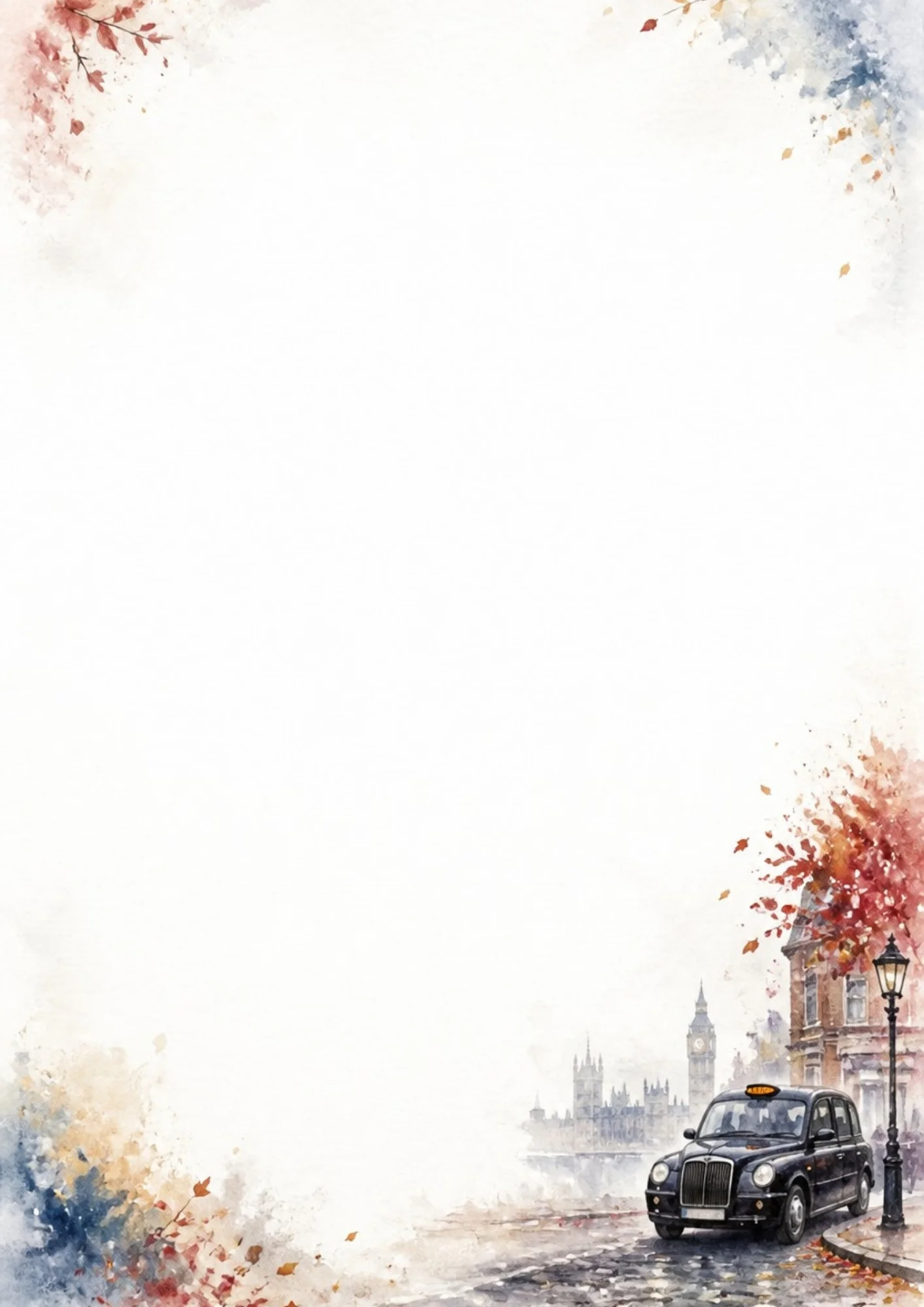 A watercolor illustration of a black London taxi cab on a wet cobblestone street next to a lamppost, with Big Ben standing in the misty distant background and autumn leaves blowing.