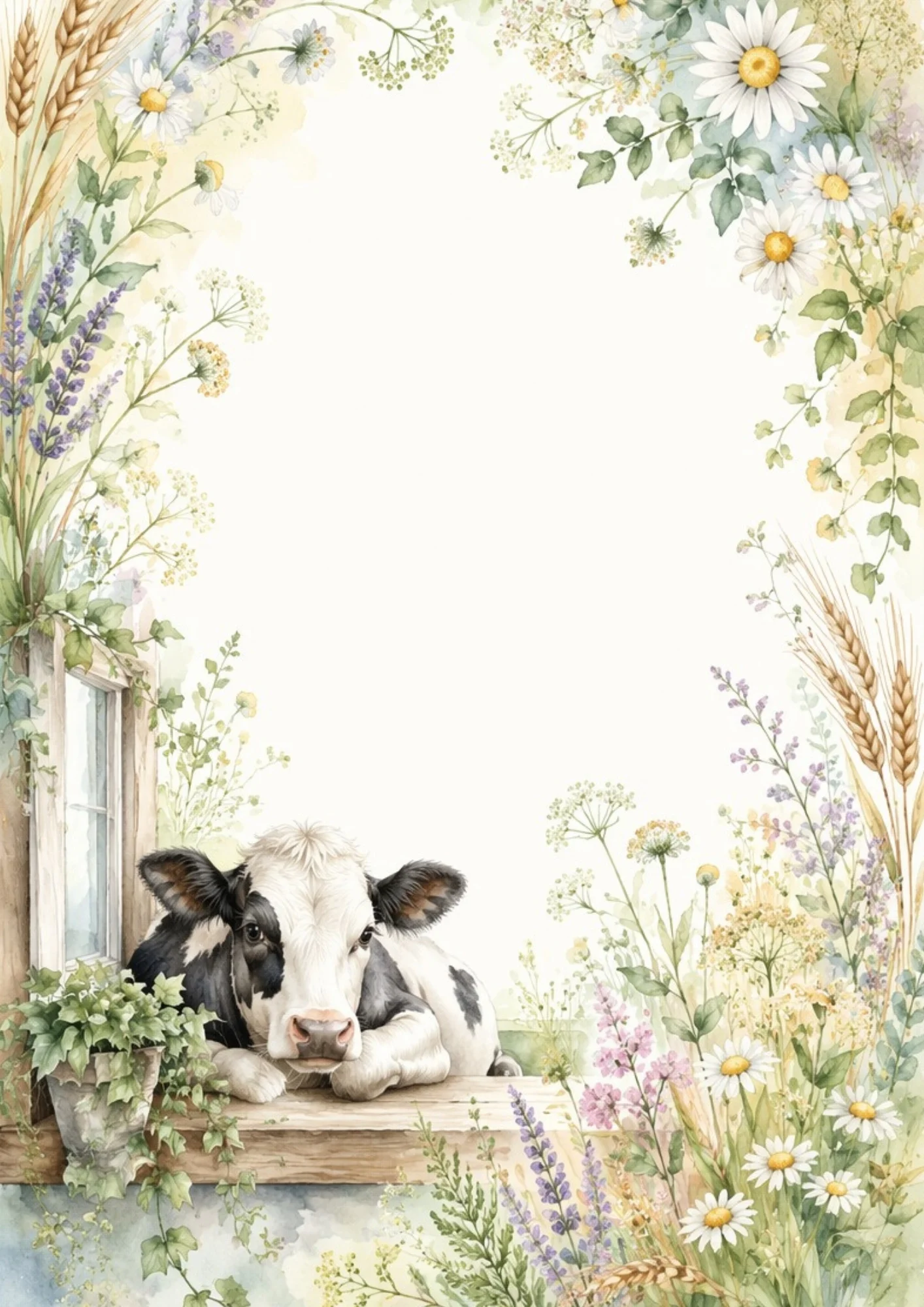 Watercolor border design showing a black and white cow looking over a wooden sill, surrounded by potted ivy, purple lavender, and white daisies.