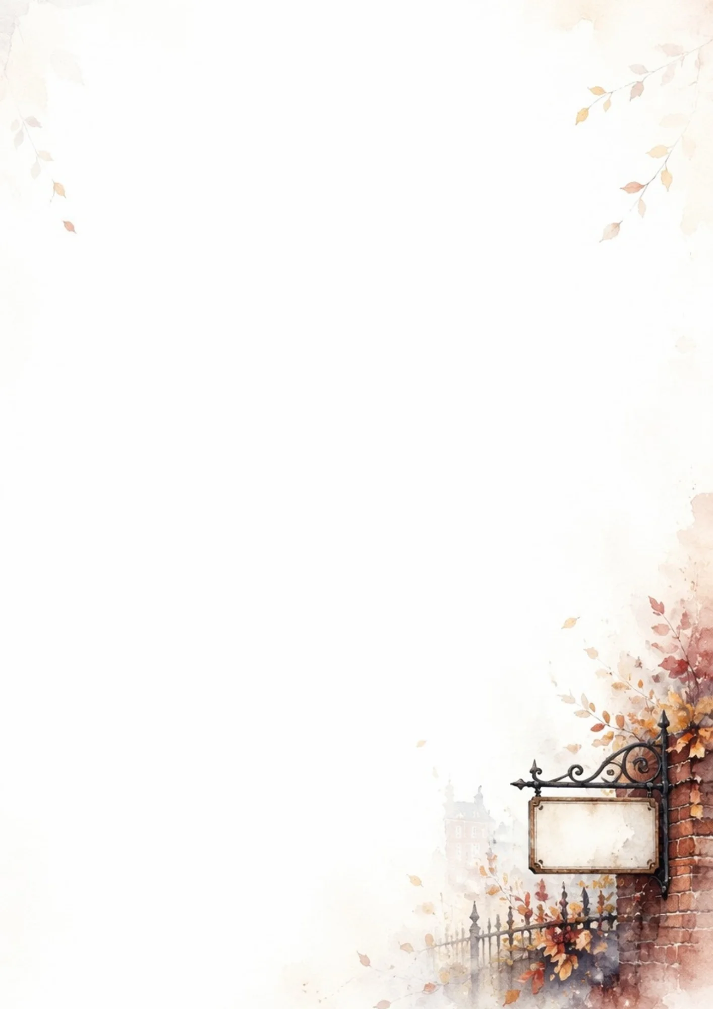 A watercolor illustration of a blank wooden sign hanging from an ornate black wrought-iron bracket on a brick wall, surrounded by falling autumn leaves, with a misty old building in the background.