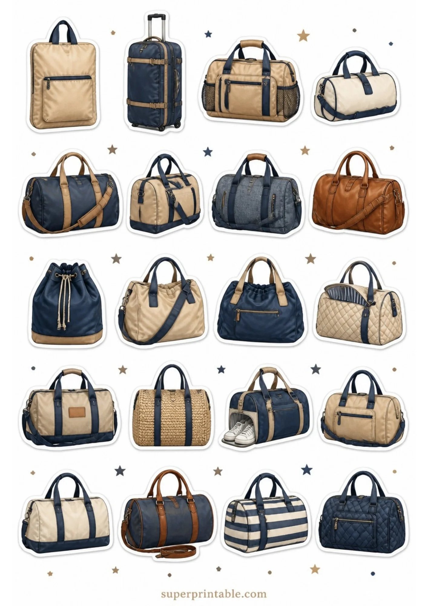 A sheet of 20 travel bag stickers in navy blue and tan colors, featuring rolling suitcases, drawstring bags, and duffle bags with stars scattered in the background.