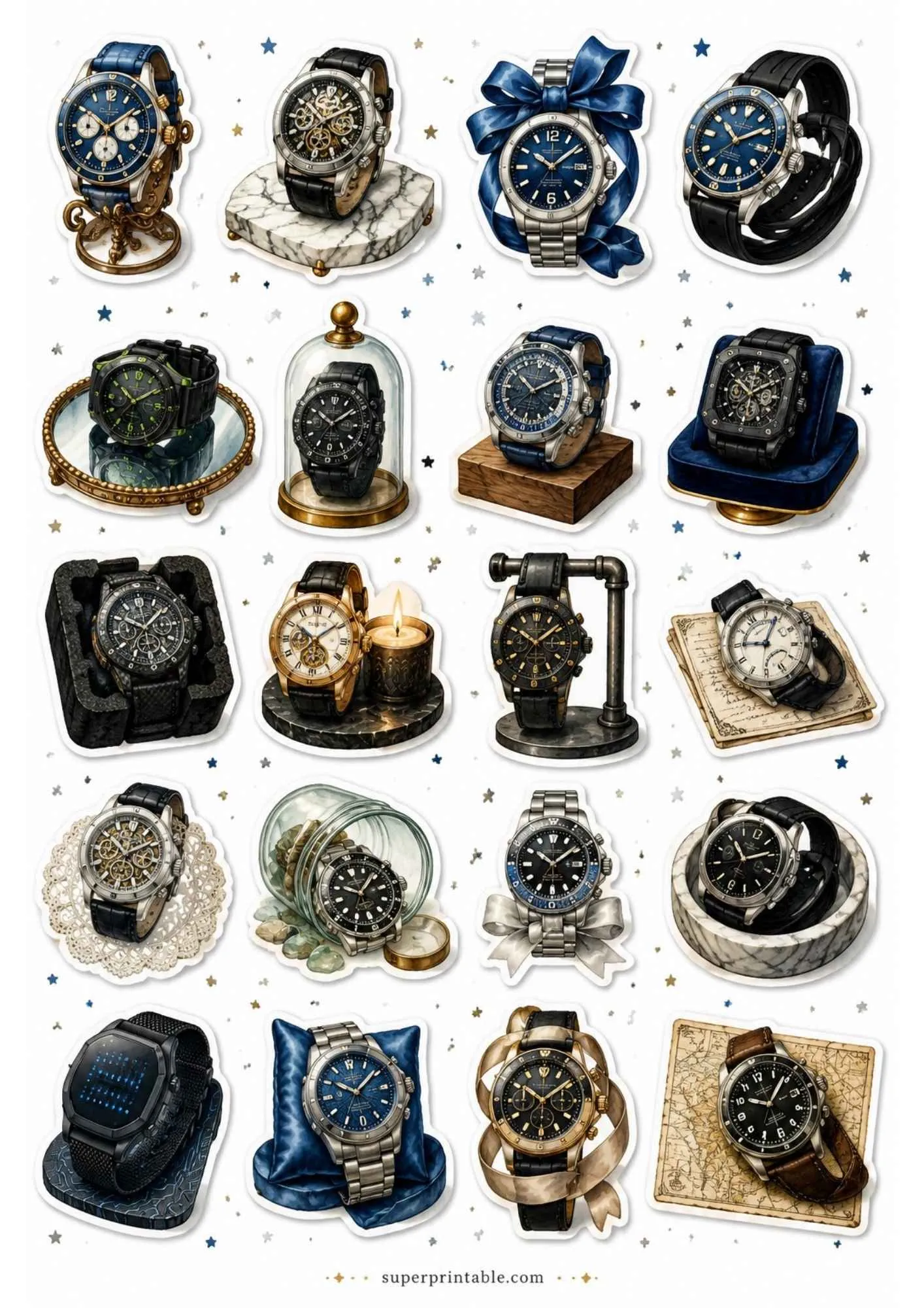 A printable sticker sheet of sporty watches with dark blue and black bands, round faces, and dive bezels resting on marble displays.