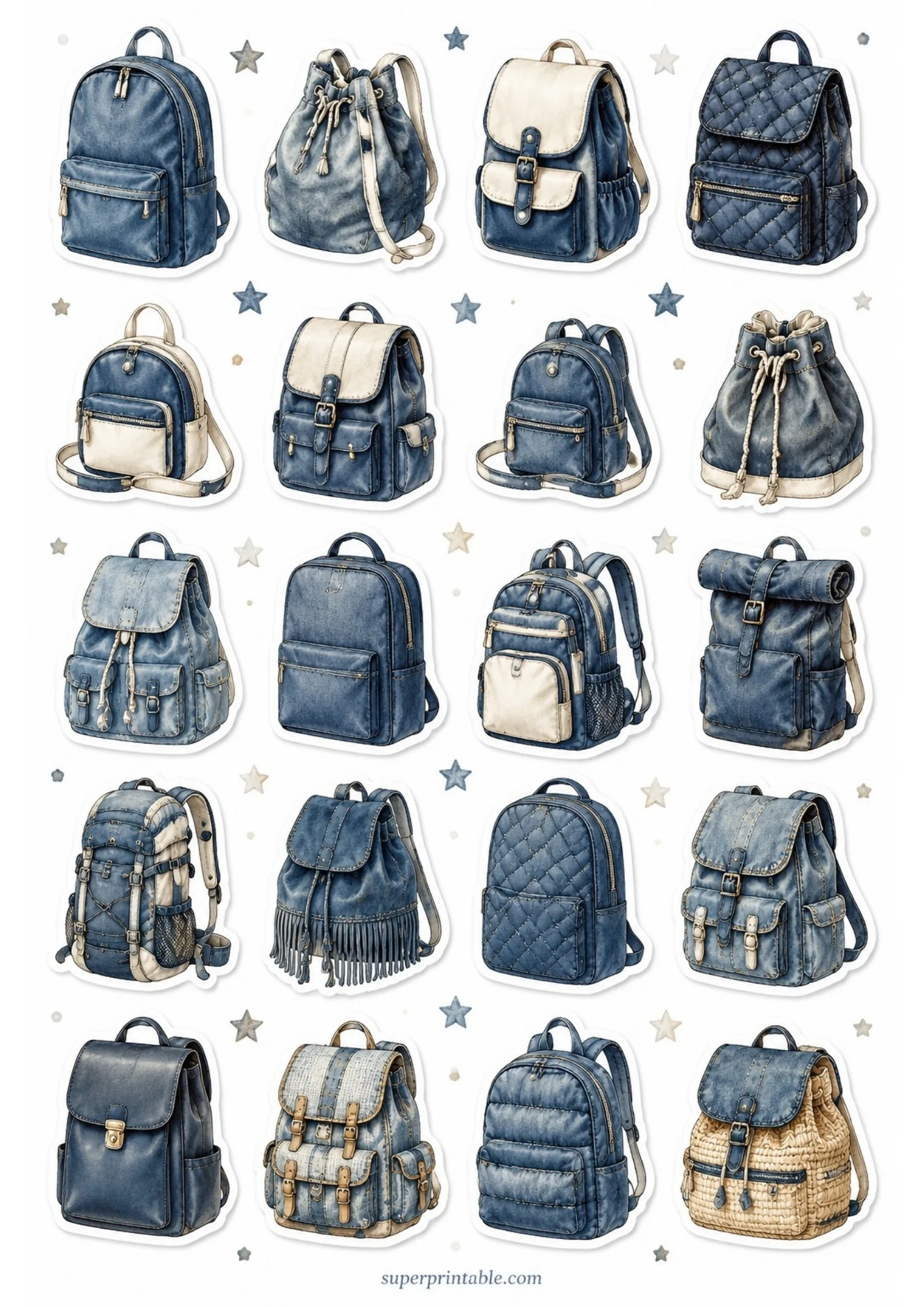 A sheet of printable stickers depicting twenty individual backpacks made of blue denim and blue fabric textures, decorated with blue stars.