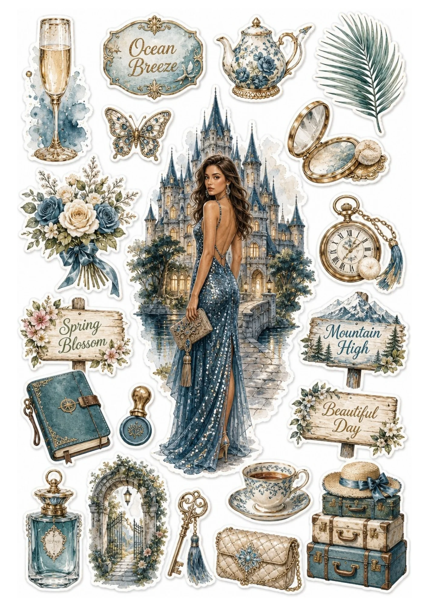 Sticker collection featuring a woman in a blue gown before a castle.