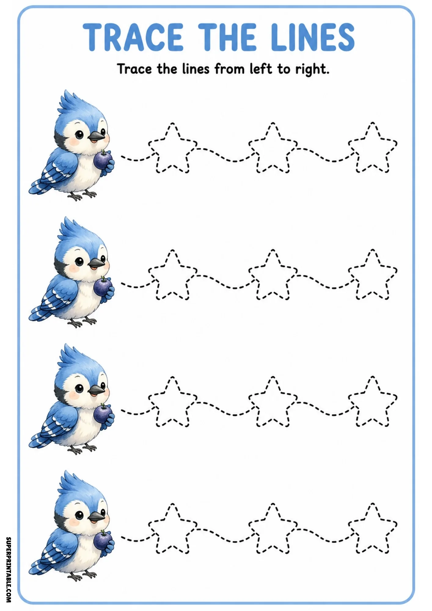 Blue jay line tracing worksheet with four birds holding berries and dashed paths connecting star shapes.