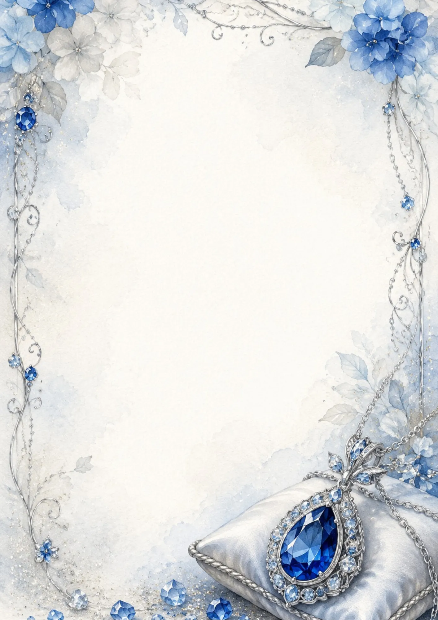 A luxury stationery page featuring a silver teardrop pendant set with a large blue sapphire and small diamonds, resting on a white silk pillow with blue hydrangeas.