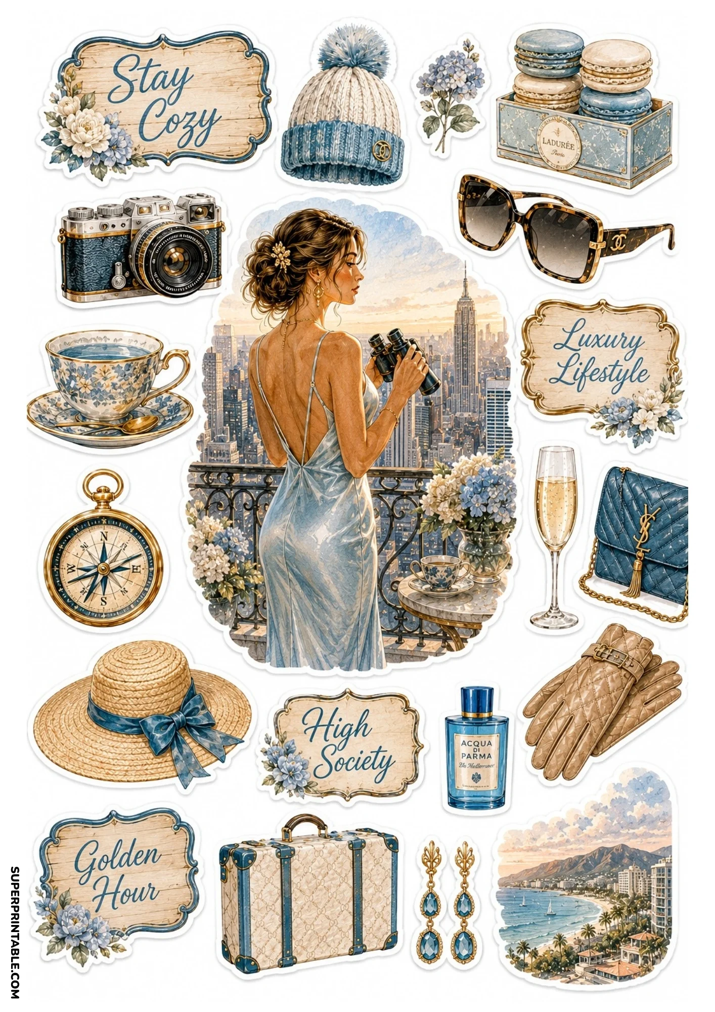 Printable sticker sheet showing a woman in a blue backless dress overlooking a skyscraper skyline, accompanied by blue macarons, vintage luggage, straw hat, blue camera, and ornate text plaques.