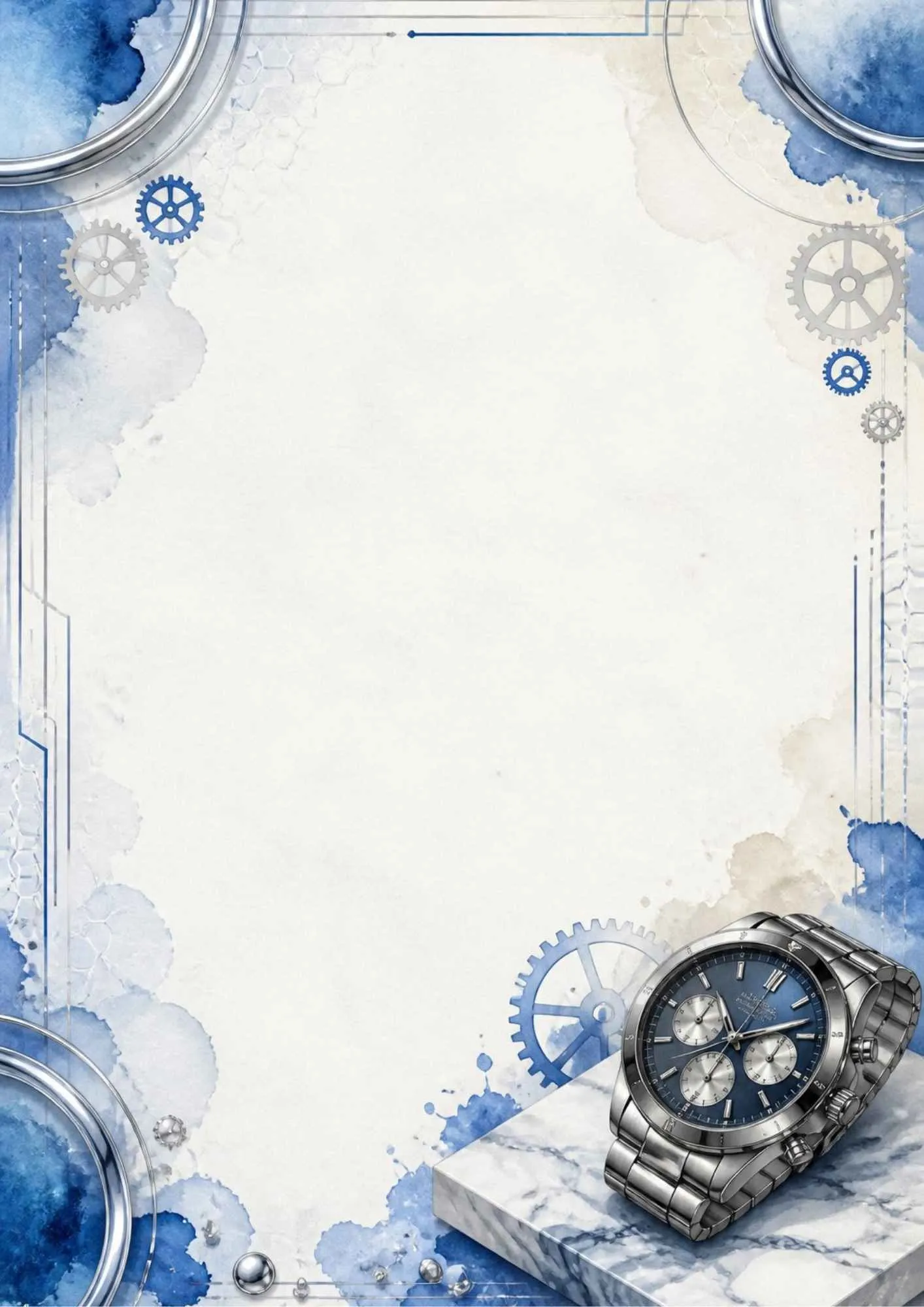 A sporty stationery page showing a blue steel chronograph watch on a marble display with blue watercolor wash.
