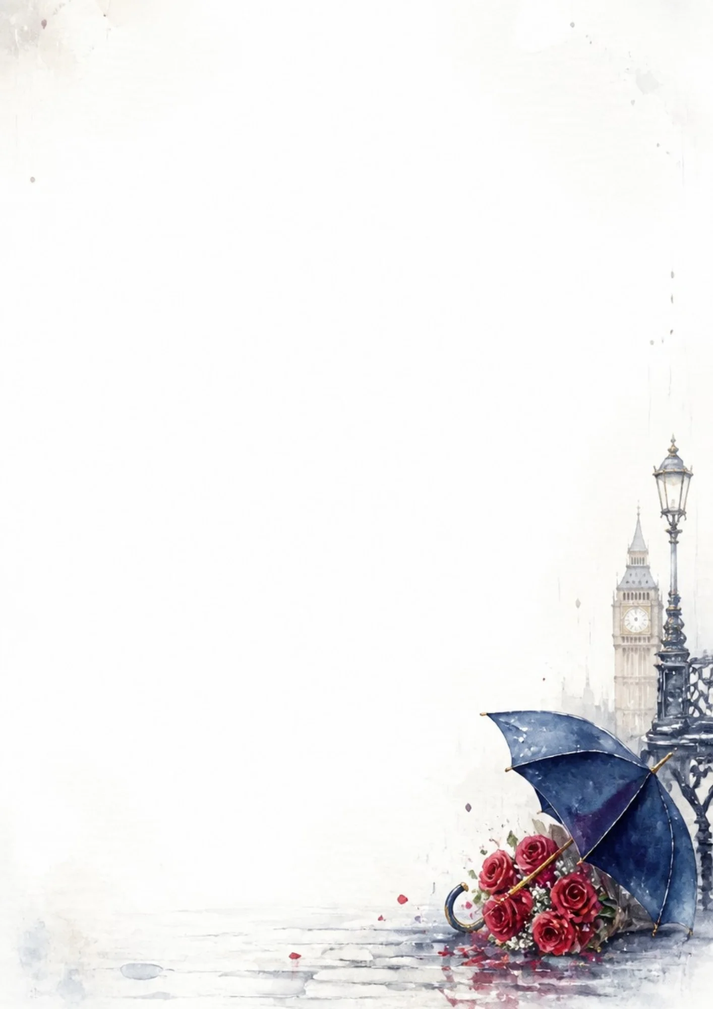 A watercolor painting of a wet blue umbrella lying on cobblestones next to a bouquet of red roses, with a black lamppost and Big Ben in the misty background.
