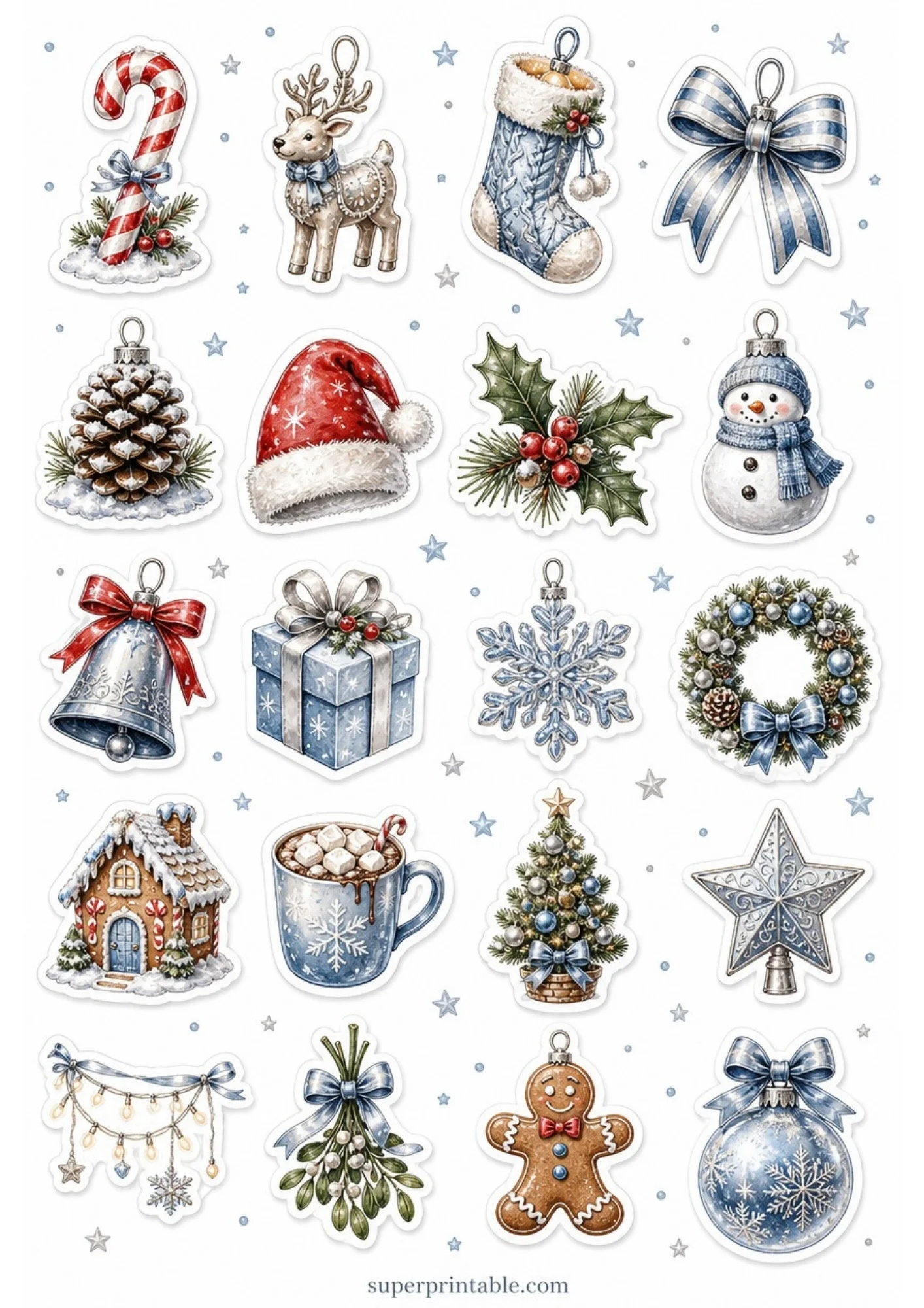 A printable sticker sheet with twenty watercolor winter Christmas icons in soft blue tones, including stockings, snowmen, reindeer, cocoa mugs, and gingerbread houses.