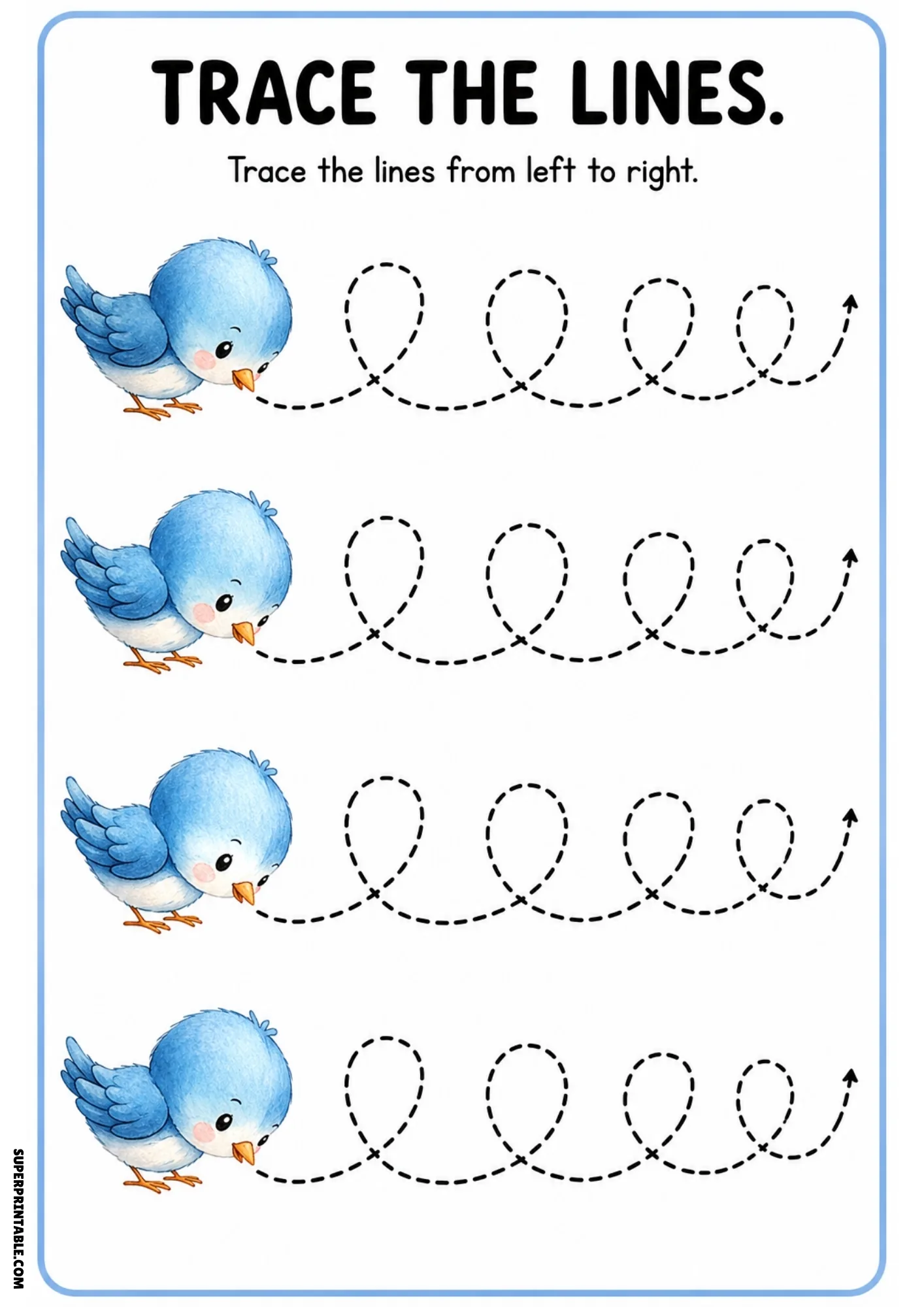 Color watercolor line tracing worksheet showing four bluebirds with looping dashed paths.